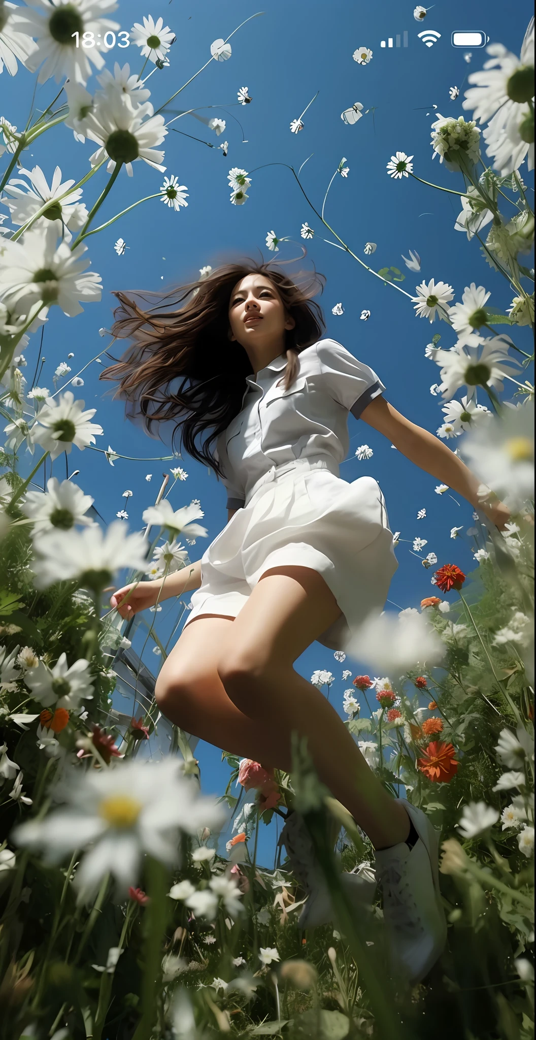 An Aalfid woman in a white dress walks through a field of flowers, girl jumping in a flower field, in a field of flowers, Girl in flowers, girl walking in a flower field, standing in flower field, girl walking in a flower field, standing in flower field, girl dancing in a flower field, Girl in a flower field