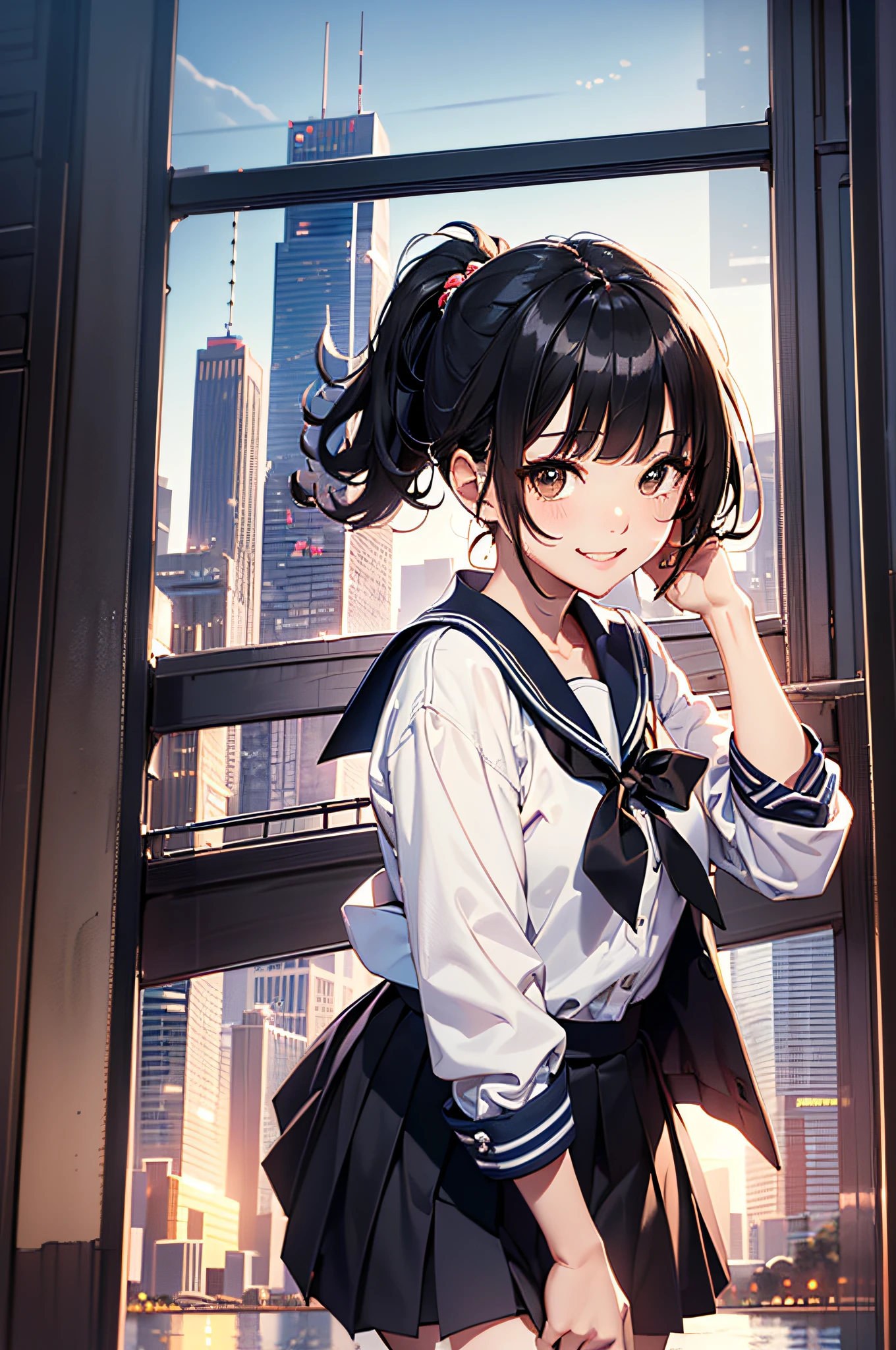 (top-quality、in 8K、32K、​masterpiece、UHD、ighly detailed:1.2)、cowboy  shot, (Vibrant city skyline reflected in a peaceful waterfront:1.4)、beautiful shadow、beauitful face、blurry backround、-yeld beiful girl、shinny skin, Beautiful black hair、Blunt bangs、 side poneyTail、Brown eyes、a sailor suit、pleatedskirt、Black socks、Black shoes、A smile、Raising arms、dynamic pose,