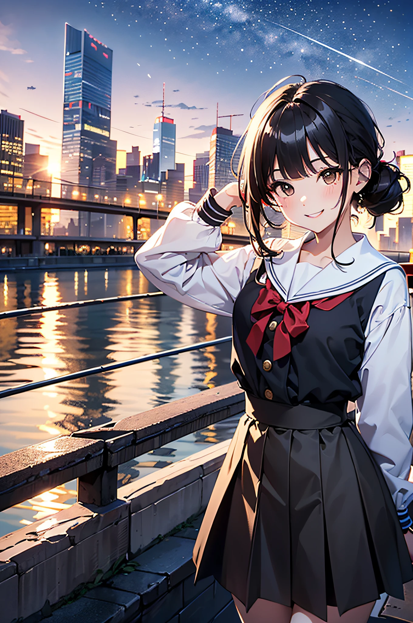 (top-quality、in 8K、32K、masterpiece、UHD、ighly detailed:1.2)、cowboy shot, (Vibrant city skyline reflected in a peaceful waterfront:1.4)、beautiful shadow、beauitful face、blurry backround、16-year-old beautiful girl、shinny skin, Beautiful black hair、Blunt bangs、 side poneyTail、Brown eyes、a sailor suit、pleatedskirt、Black socks、Black shoes、A smile、Raising arms、dynamic pose,