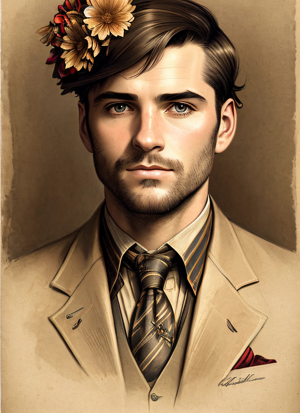 modelshoot style Charlie Bowater realistic Lithography sketch portrait of a man, flowers, [gears], pipes, dieselpunk, multi-colored ribbons, old paper texture, highly detailed