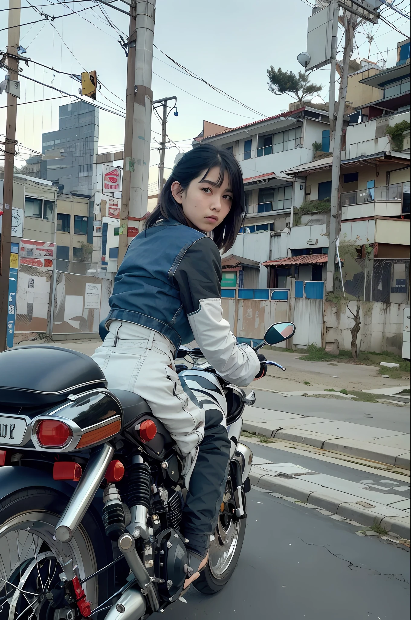 melhor qualidade, obra-prima, foto, 4K, fotorrealista, altamente detalhado, 1girl andando de moto, realista, cidade cyberpunk, solo, futurista, enorme lua ao fundo, preto e branco, por Akira Toriyama, close-up,
