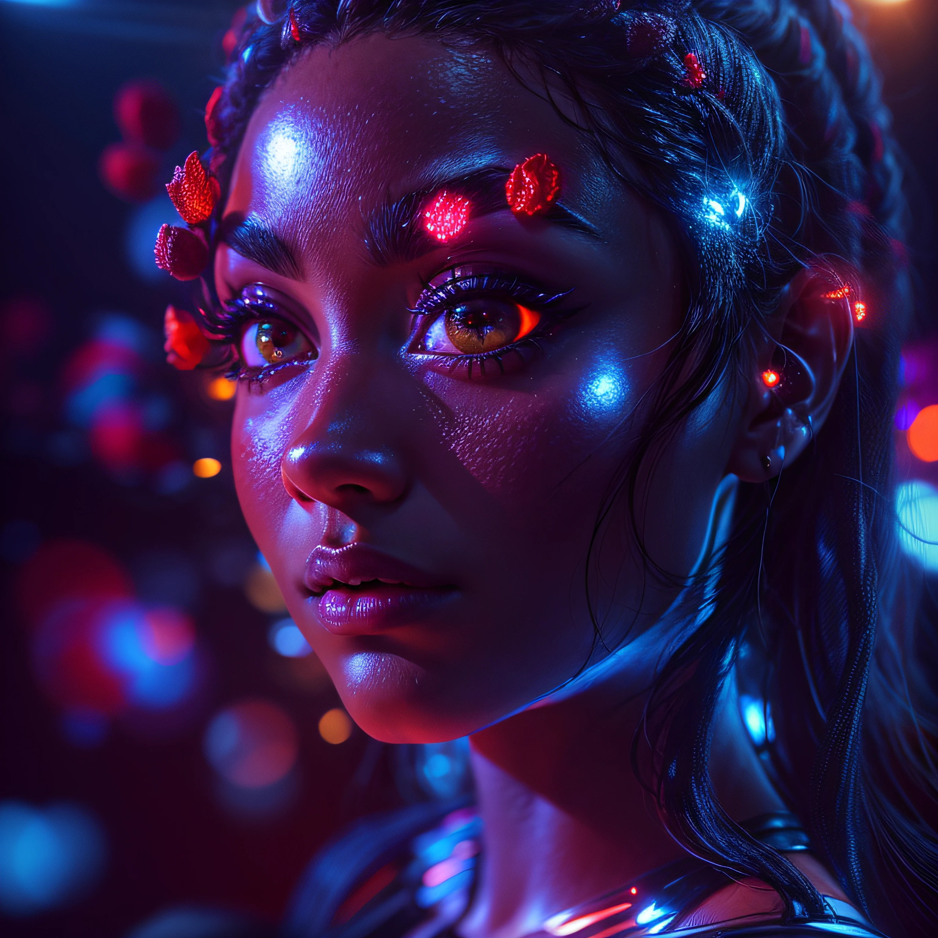 Closeup on beautiful black latex woman, olhos azuis, coberta com rosas vermelhas iluminadas, bright blue white glowing heart, visible from human, noite, Colouring, photography hyper-detailed cinematic hdr lighting, softbox lighting, Detalhe extremo, 8k, 3D-rendering, Hiper realista, NVIDIA,