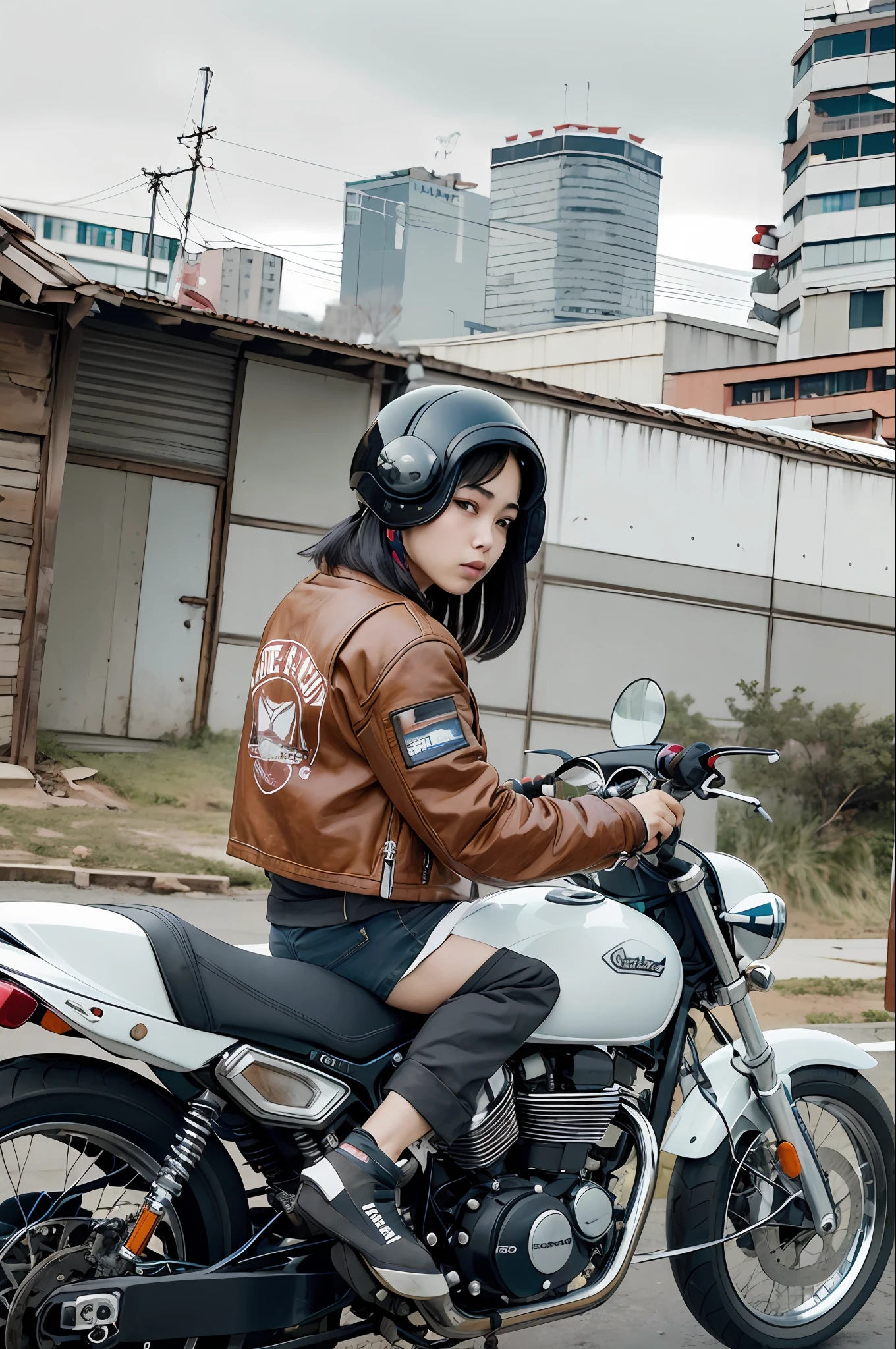 melhor qualidade, obra-prima, foto, 4K, fotorrealista, altamente detalhado, 1girl andando de moto, realista, cidade cyberpunk, solo, futurista, enorme lua ao fundo, preto e branco, por Akira Toriyama, close-up,