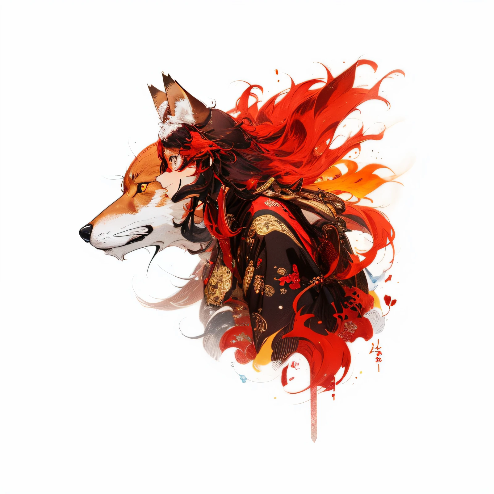 a drawing of a red and black wolf with long hair, fox girl, fox people, a beautiful fox lady, half woman half wolf, profile shot, kitsune, half wolf, by Aya Goda, fox ears illustration, fox nobushi, anthropomorphic fox, side profile artwork, fox animal, ethereal fox, by Galen Dara