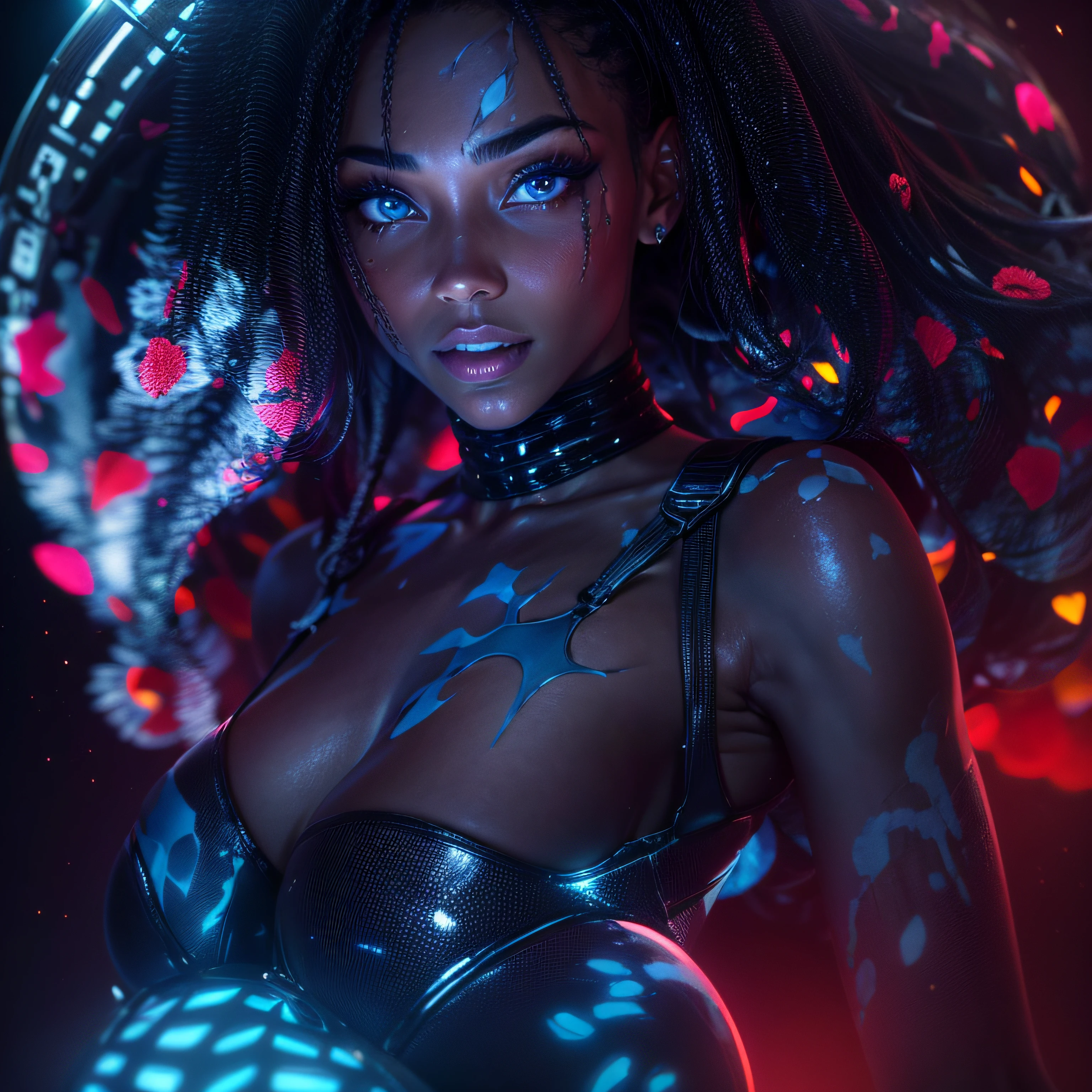 Closeup on beautiful black latex woman, olhos azuis, coberta com rosas vermelhas iluminadas, bright blue white glowing heart, visible from human, noite, Colouring, photography hyper-detailed cinematic hdr lighting, softbox lighting, Detalhe extremo, 8k, 3D-rendering, Hiper realista, NVIDIA,