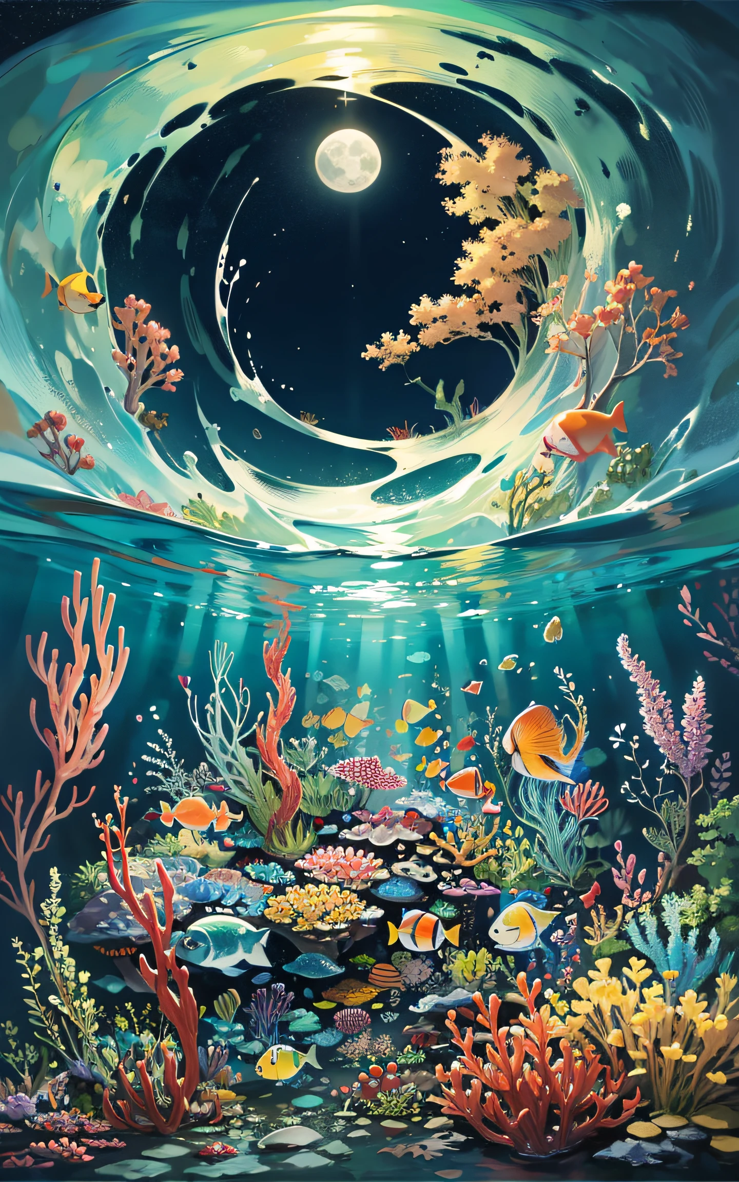 moon seen from under the sea, night, water, night light, fish shadows
