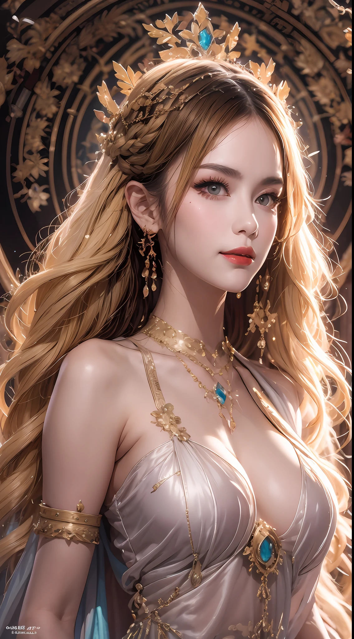 Portrait of a 27-year-old saint, ((bare chest:0.5)), beautiful saint with an old face, adult, beautiful face without blemishes, (((Closed smile:1.3))), ((7-color hair length:1.2)), big crown, hair brooch, hanfu dress, chinese ancient style, full body jewelry, forehead tattoo, super even chest, face, innocent face, The most beautiful and detailed light red lipstick, ((Thin plump lips:0.3)), ((Golden Eyes color:0.6)), Detailed and delicate lighting effects, light and dark, dramatic lighting, magical light, extremely detailed light, true color, super sharp, realistic, 8k quality, fantasy universe background, saints and magical space, the most detailed images, ((Solo:0.3)), ((a saintess:0.6)), ((looking directly at the saint's upper body:0.4)), ((smooth skin:0.5)), ((the holy woman's veil:0.6)), , blonde, ((Naked:0.7)), ((Hand squeeze breast :0.5)),