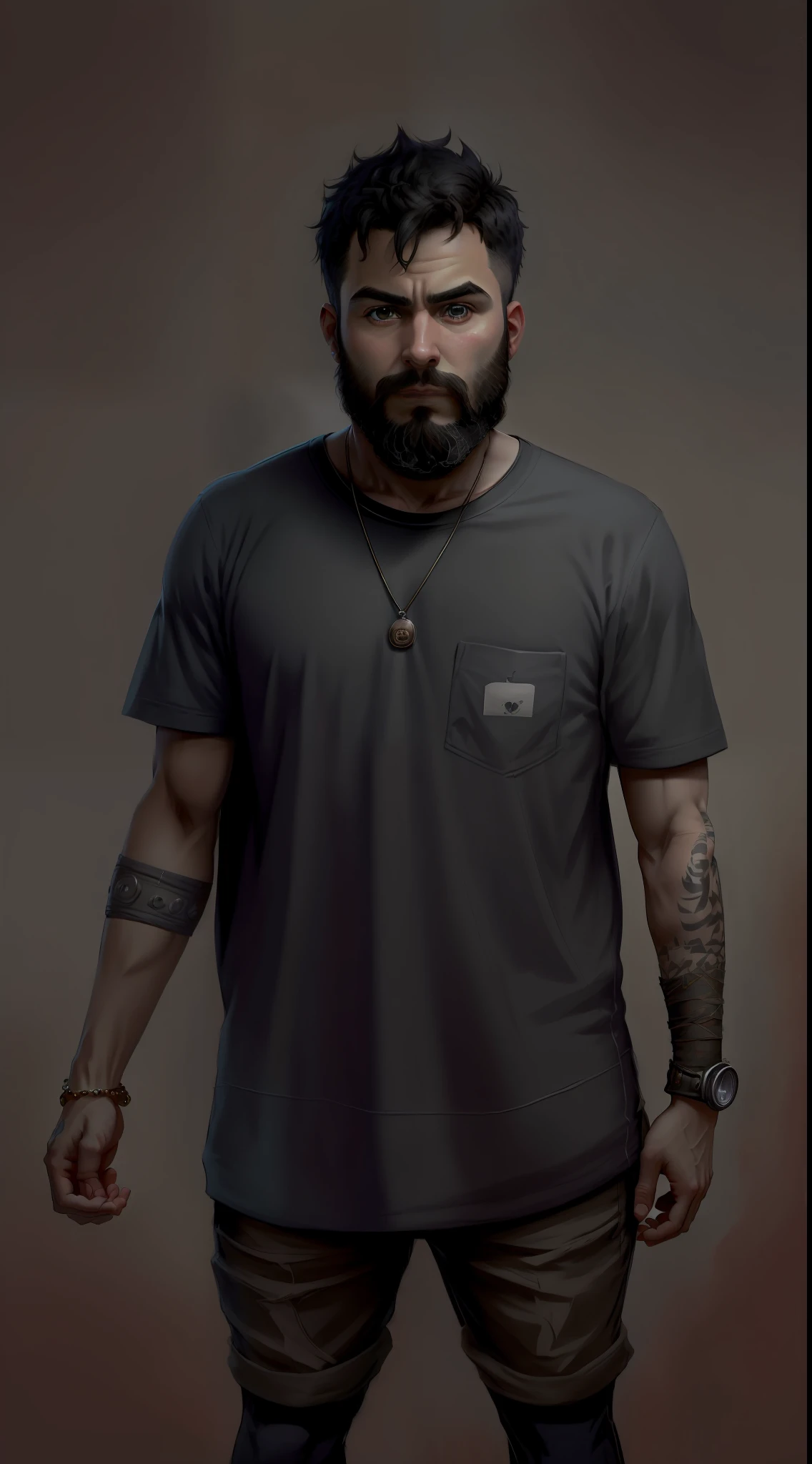 Arafed man with beard and beard standing in front of a black background, standing with a black background, imagem frontal, foto oficial do produto, camisa cinza, vestindo uma camiseta, retrato frontal, Gray scenery, frontal, retrato de corpo inteiro, Hopeless Gray, fundo muito escuro, imagem oficial do produto, with his hands in his pockets, Frente, Retrato no meio da foto, (((cbzbb))), personagem, fofo, pequeno, bonito, Devian Art, Trending Artstation, Arte Digital, Detalhado, Fofos, Realista, Humanoide, Personagem, tiny, Cinematic sho, cinematic lights, the office