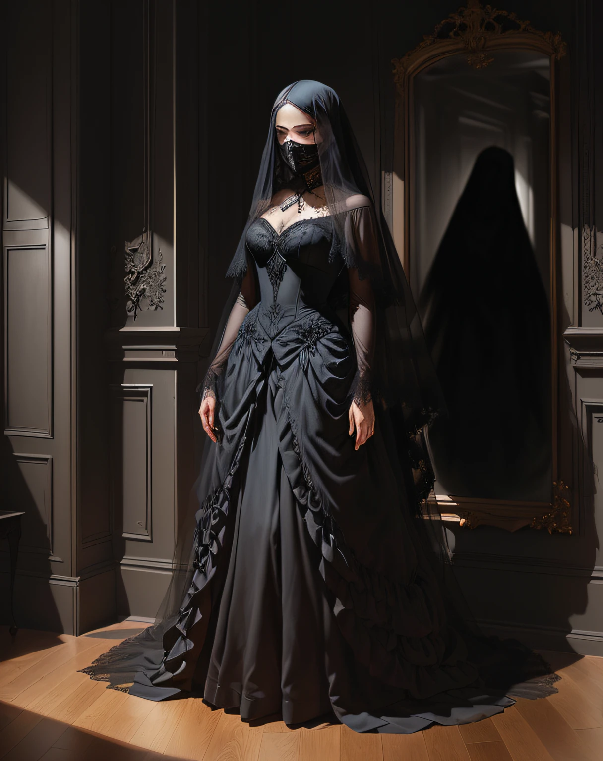 Woman in a black veil standing in a room, figura escura encapuzada, pessoa estranha, ghostly figure, Personagem sombrio e sinistro, arte assustadora, pintura assombrada, Escuro, imagem assustadora espiritual, estilo de arte sinistro, arte de fantasia de terror, arte de terror de fantasia sombria, southern gothic art, estilo de arte sinistro e sombrio, arte de terror elegante, pintura escura, figura misteriosa