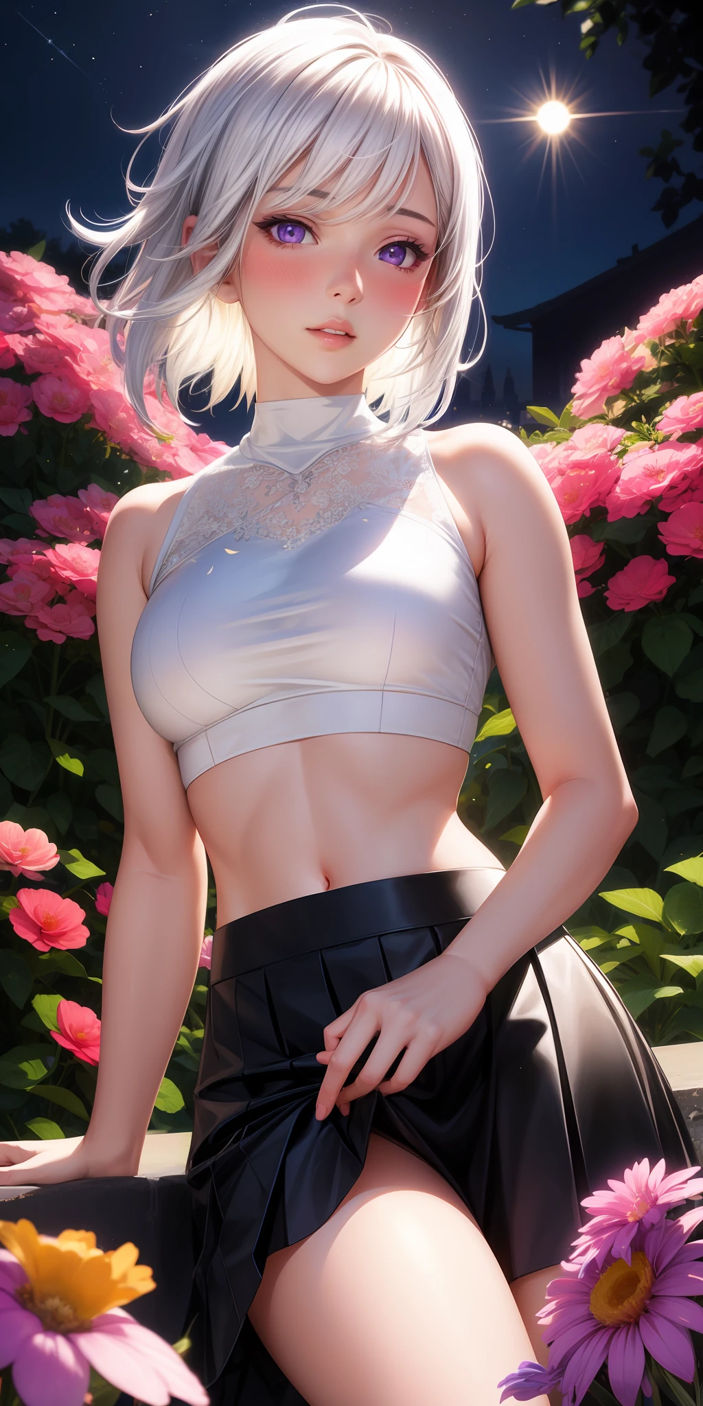 realistic, 1girl, white hair, purple eyes, glowing eyes, crop top, skirt, parted lips, blush, night, flowers, sun, sunlight,