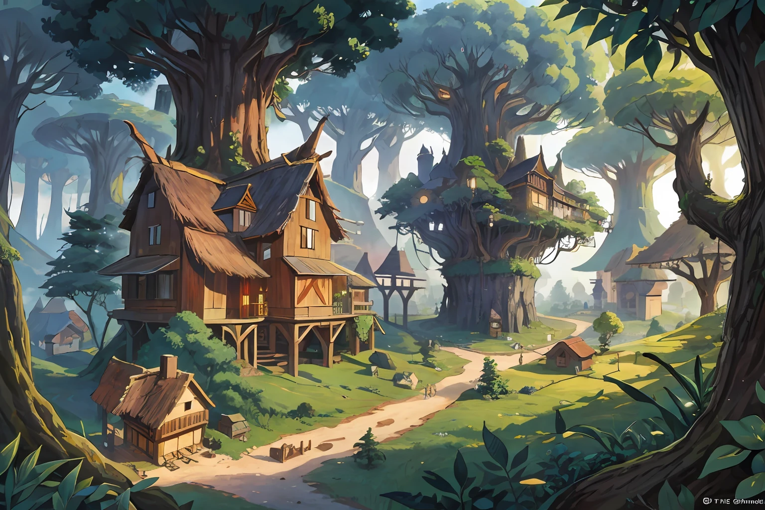 a village in the trees a village of wooden houses created on top of the trees in a magical jungle a city of wild druids on top of the trees a jungle settlement jungle rpg art