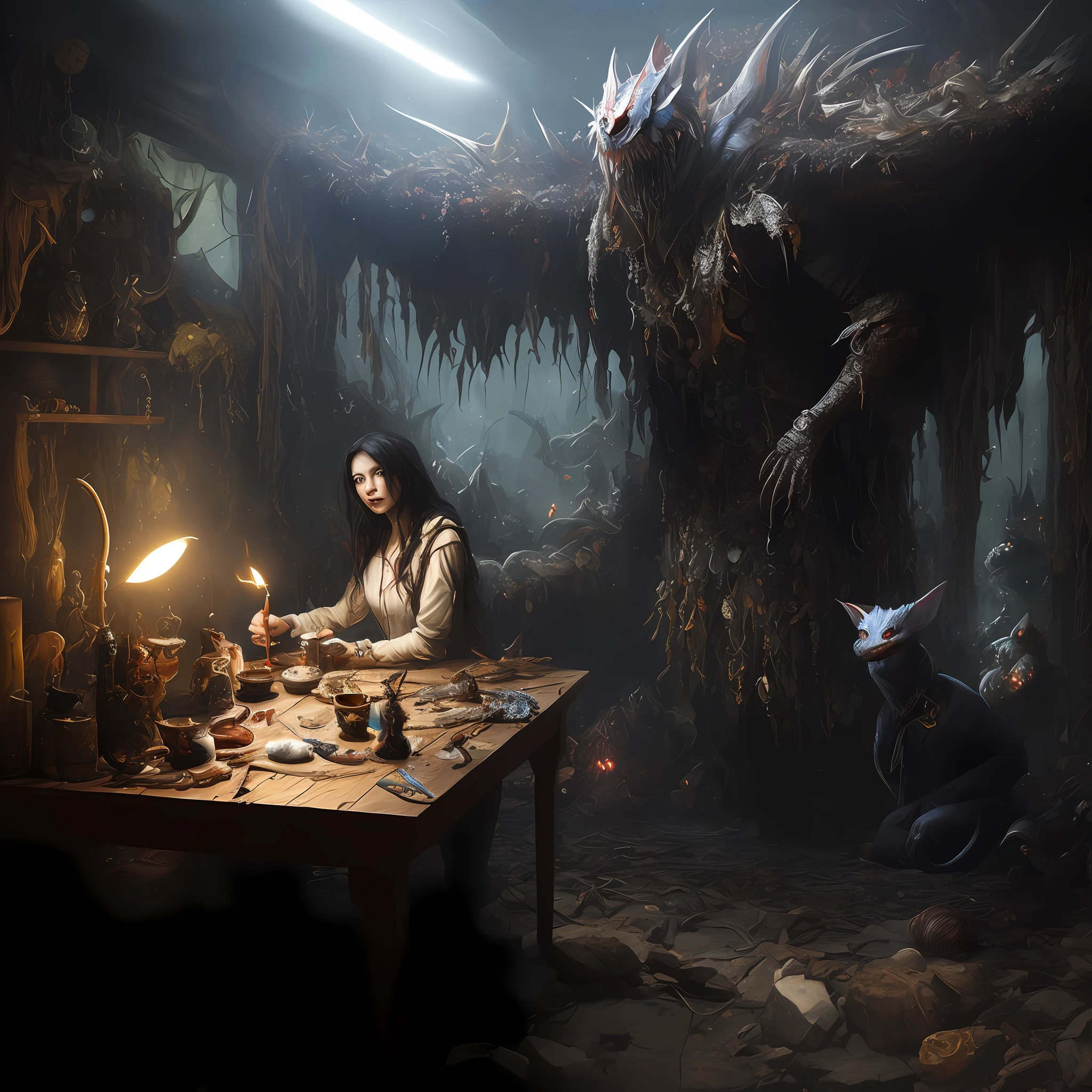 Dark fantasy art with a sense of reality，Horror fantasy Weta workshop concept art，Realistic fantasy paintings inspired by surrealism，Depicts an Arad woman sitting against a creepy creature，The table in the dark room fell into a thick darkness，The result is a fascinating work of fantasy and horror。