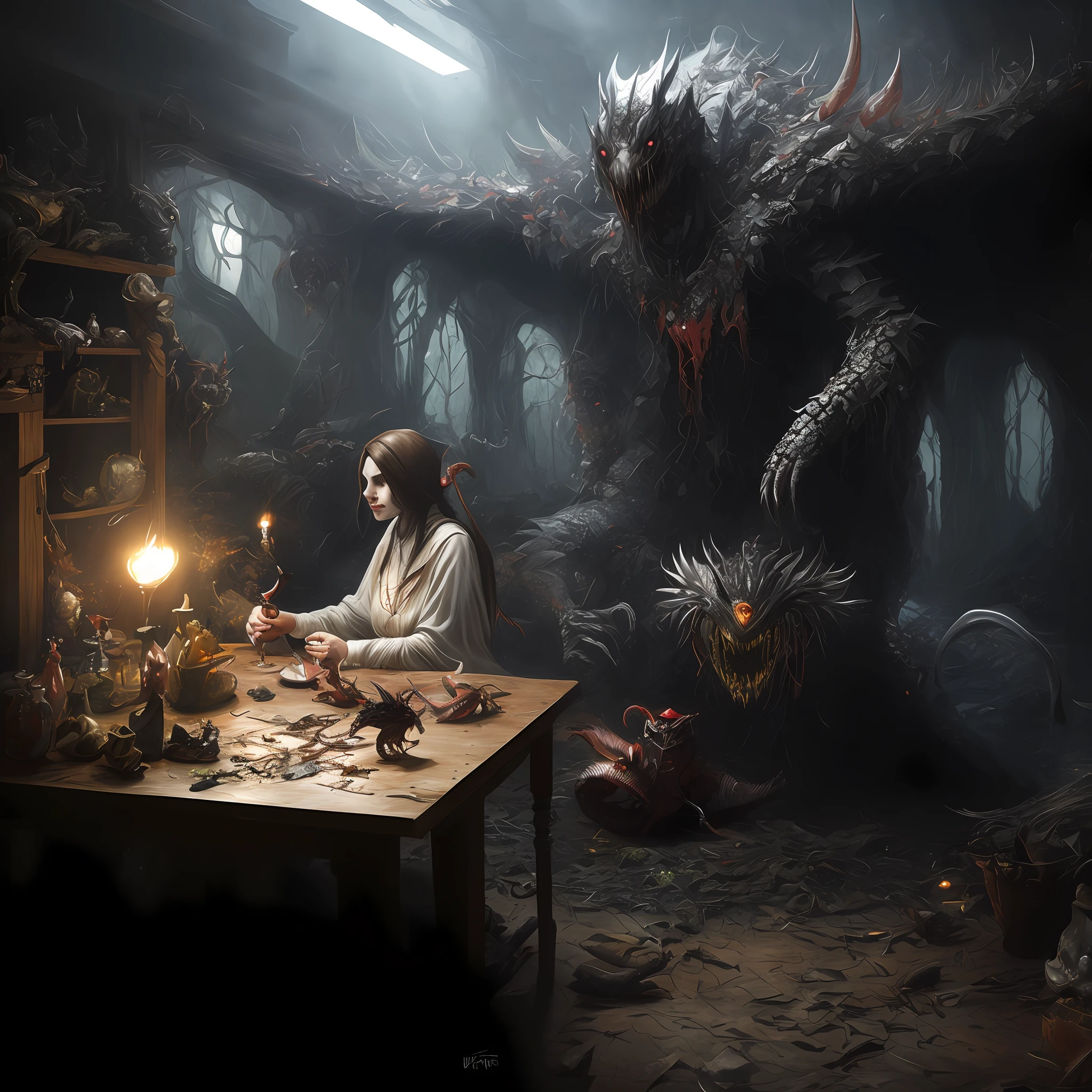 Dark fantasy art with a sense of reality，Horror fantasy Weta workshop concept art，Realistic fantasy paintings inspired by surrealism，Depicts an Arad woman sitting against a creepy creature，The table in the dark room fell into a thick darkness，The result is a fascinating work of fantasy and horror。