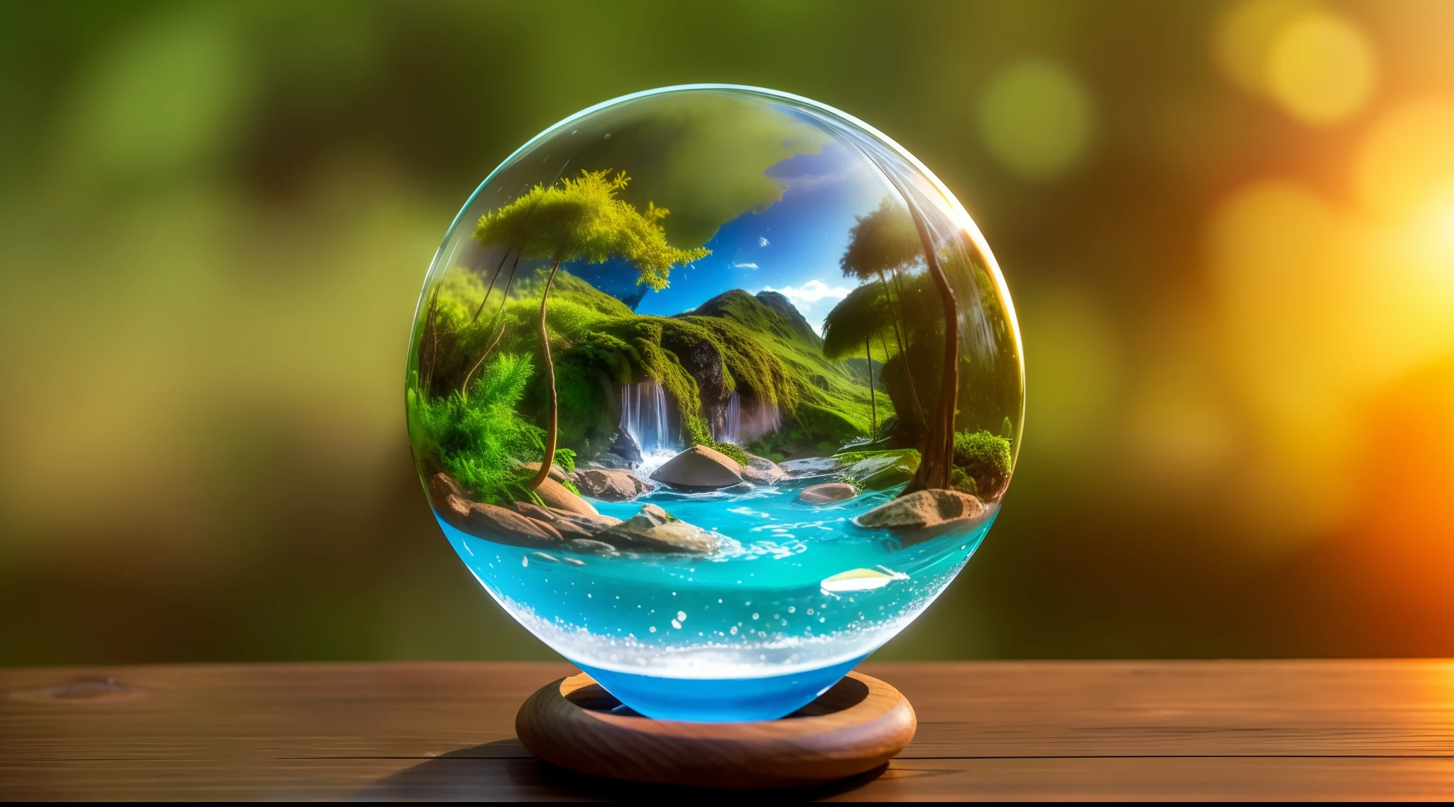 crystal ball in mountainous terrarium on a rainy day and splashes on the crystal ball, praia e dia ensolarado no interior da bola de cristal