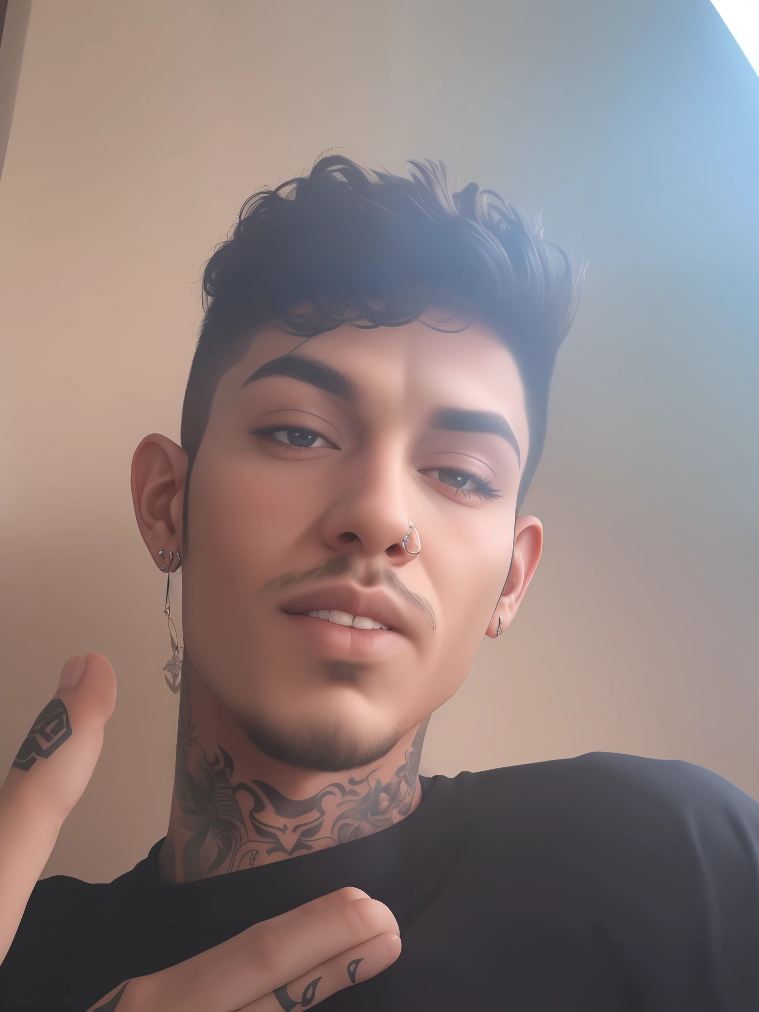 Goatee, tattoos on the neck, piercing on the eyebrow;