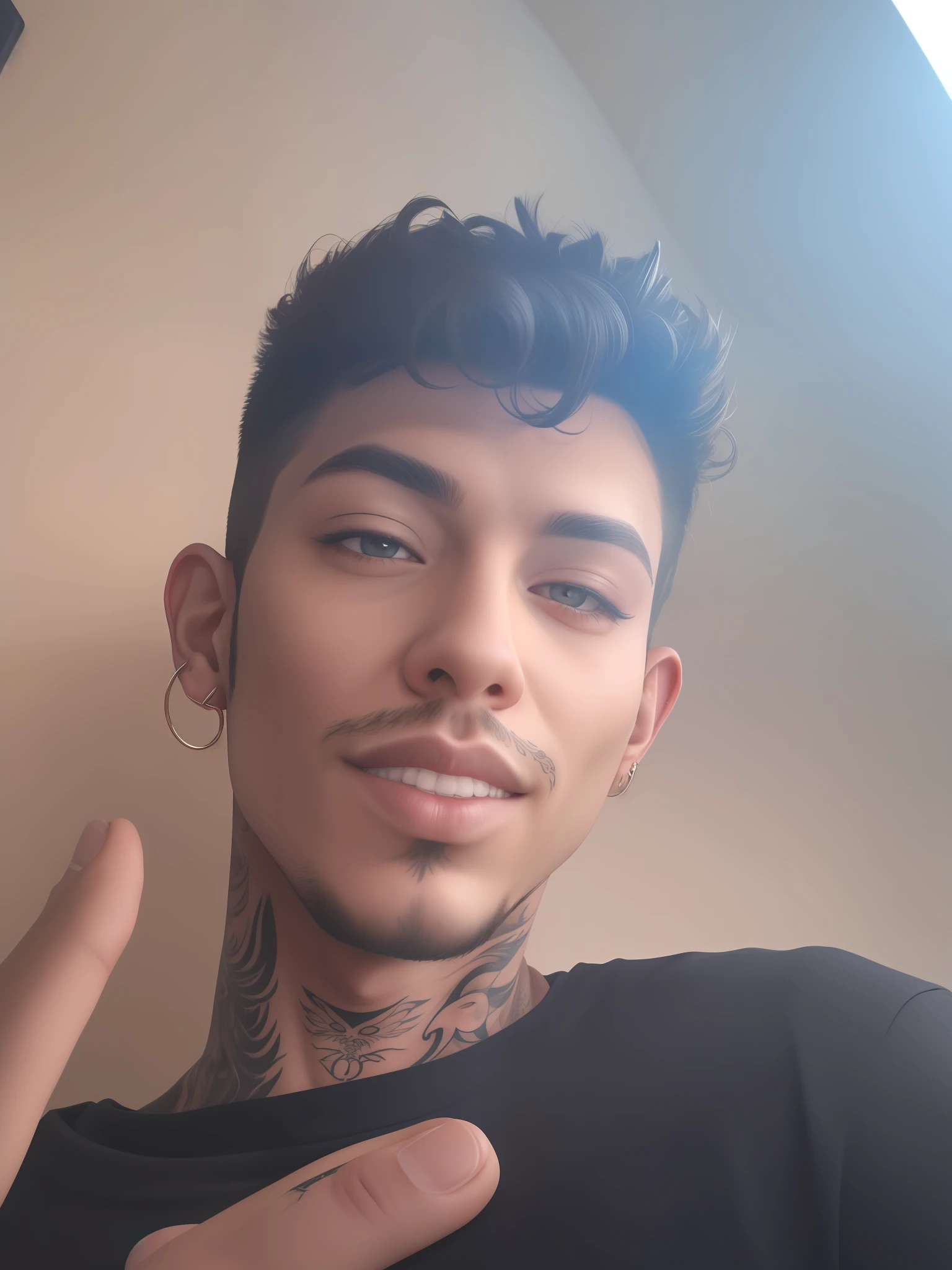 Goatee, tattoos on the neck, piercing on the eyebrow;