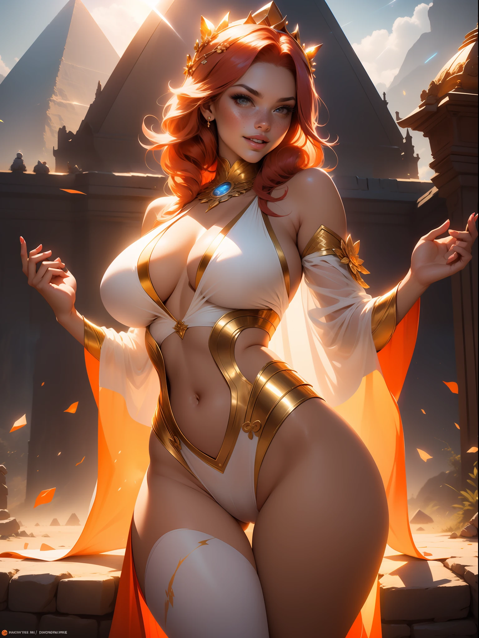 beautiful sun empress, detailed cat eye makeup, detailed face, detailed skin, mature body, tall body, seductive body, medium big breast, desert and pyramid backgrounds, detailed sky, highly saturating sunbeams, holy ceremony, angelic halo, golden and orange spark dazzling around, holy magic circle, golden crown , golden magical lightning, best quality, masterpiece, trending on Artstation Detailed, Realistic,4k highly detailed digital art,octane render, bioluminescent, 8K resolution concept art, realism, by Mappa studios, masterpiece, best quality, (1girl), official art, illustration, ligne claire, (cool_color), perfect composition, absurdres, fantasy, focused, (clear clothing, transparent cloth, see-through material), (((cameltoe))), (red hair, freckles, huge breasts, nearly naked, underboob), thick but fit, blend of Natalie Dormer and Zendaya, silk robes, detailed castle background, 25 yo, natural, amazing body, pronounced feminine feature, speaking, laughing, festival, (((no panties))), thigh gap,