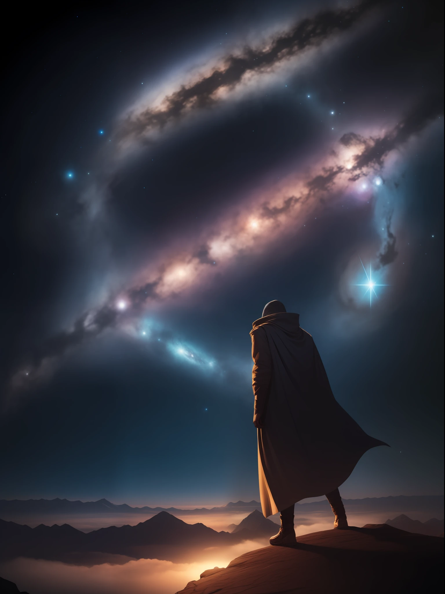 Imagine-se como um personagem misterioso de um universo paralelo, where unknown dimensions intertwine. Wearing a unique costume that mixes elements of futuristic technology with mystical touches, You are an intergalactic explorer, um gatekeeper ou talvez um cientista do multiverso em busca de respostas. In the midst of a cosmic scenario, com nebulosas e estrelas brilhantes ao fundo, You transcend the boundaries of the worlds, embarking on an epic journey through time and space, realista, 8k, olhando para a camera