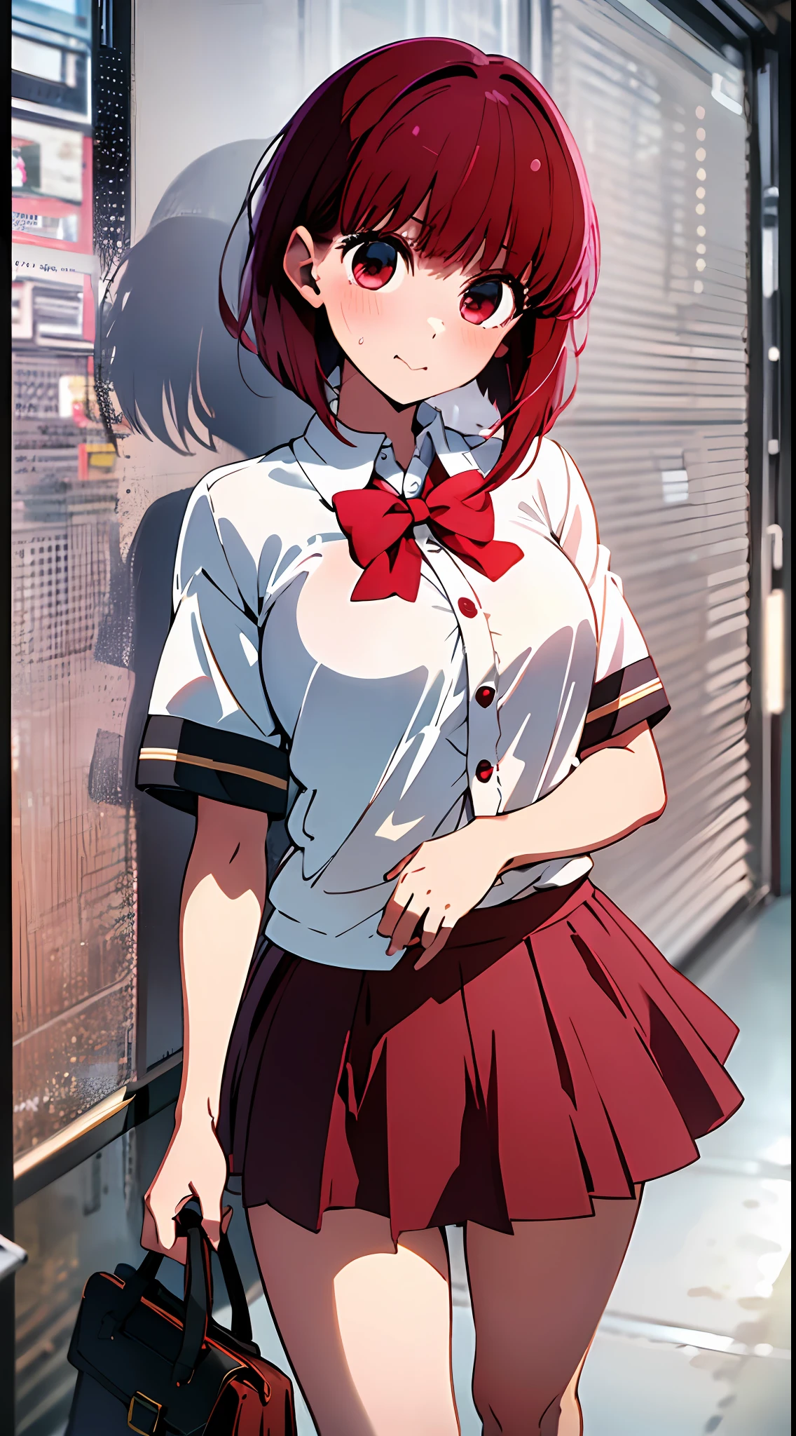 main girl is beautiful and cute, "neat and bright uniform coordination", fashion model posing, full body, full body illustration, best illustration, elementary school student, realistic and elaborate uniform, high school uniform, culotte skirt, tight dressing, ((highest quality)), ((masterpiece)), (detail: 1.4), anatomical, award-winning concept art, beautiful, fine details, portrait, Look Viewer, (Full Body View)), 1 Girl, Full Body, Solo, 6 Years Old, Elementary School Student, Child Actor, Red Hair, Red Hair, Short Hair, Red Eyes, Big Eyes, Dark Brown Blazer, Maroon Sweater, Long Culotte Skirt with Checked Length, Dark Green and Maroon Culotte Skirt, Black Hyso, Large Orange Ribbon, White Blouse, Underwear, Panties, Skirt, White Panties, wet, shirt, wet clothes, skirt lift, blush, classroom, navel,lift under chest, clothing lift, easy background, lifting clothes, uniform, Japan cute school uniform, blazer, look away, short sleeve, loli, skinny, elementary, loli, baby face, cute, young appearance, fantastic visual depiction, professional effects, beautiful girl, petite girl, sweaty transparent clothes, unevenness, absurdity, Heel up loafers, red hair, red eyes, the main girl is beautiful and cute