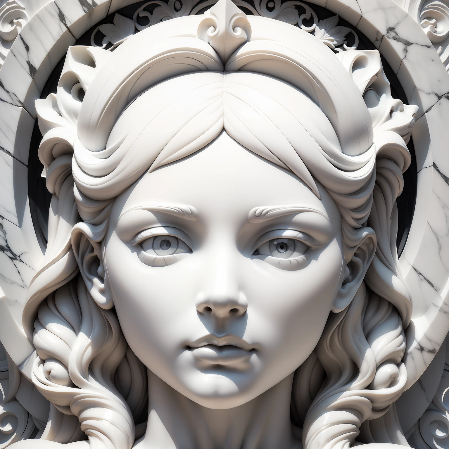 a black and white photo of a woman's face, angel relief, made of carrara marble, vector art panel for cnc plasma, art nouveau 3d curves and swirls, 3 d sculpture of carving marble, cgi clay sculpture, inspired by Luca della Robbia, marble carving, irregularly shaped mosaic tiles, carved white marble, relief sculpture, decorative panels