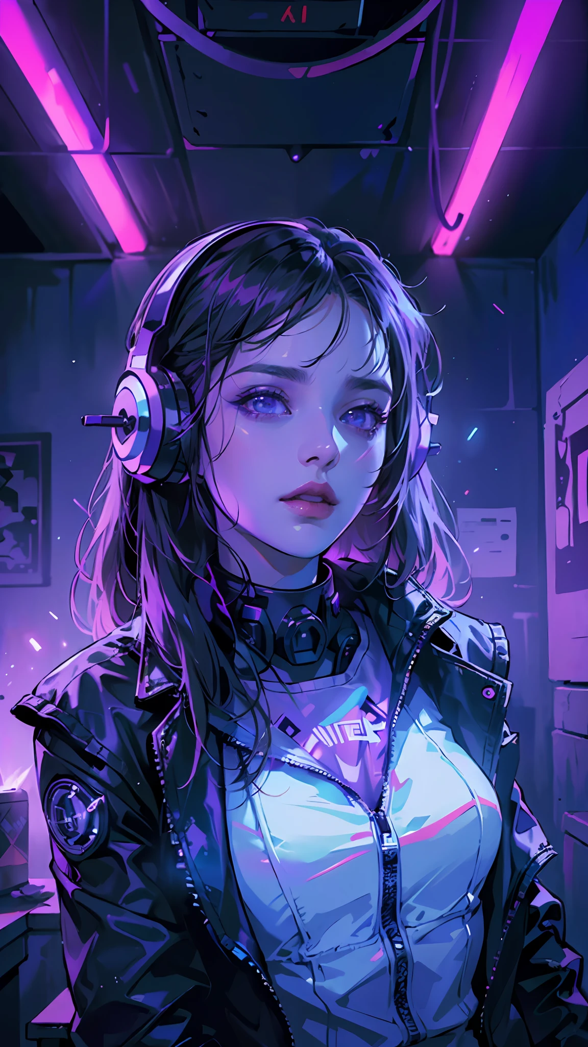 ((Best Quality)), ((Masterpiece)), (Very Detailed: 1.3), dark room, beautiful cyberpunk woman, wearing headphones, dynamic composition, blue neon lights from the ceiling, purple neon cord on the wall,