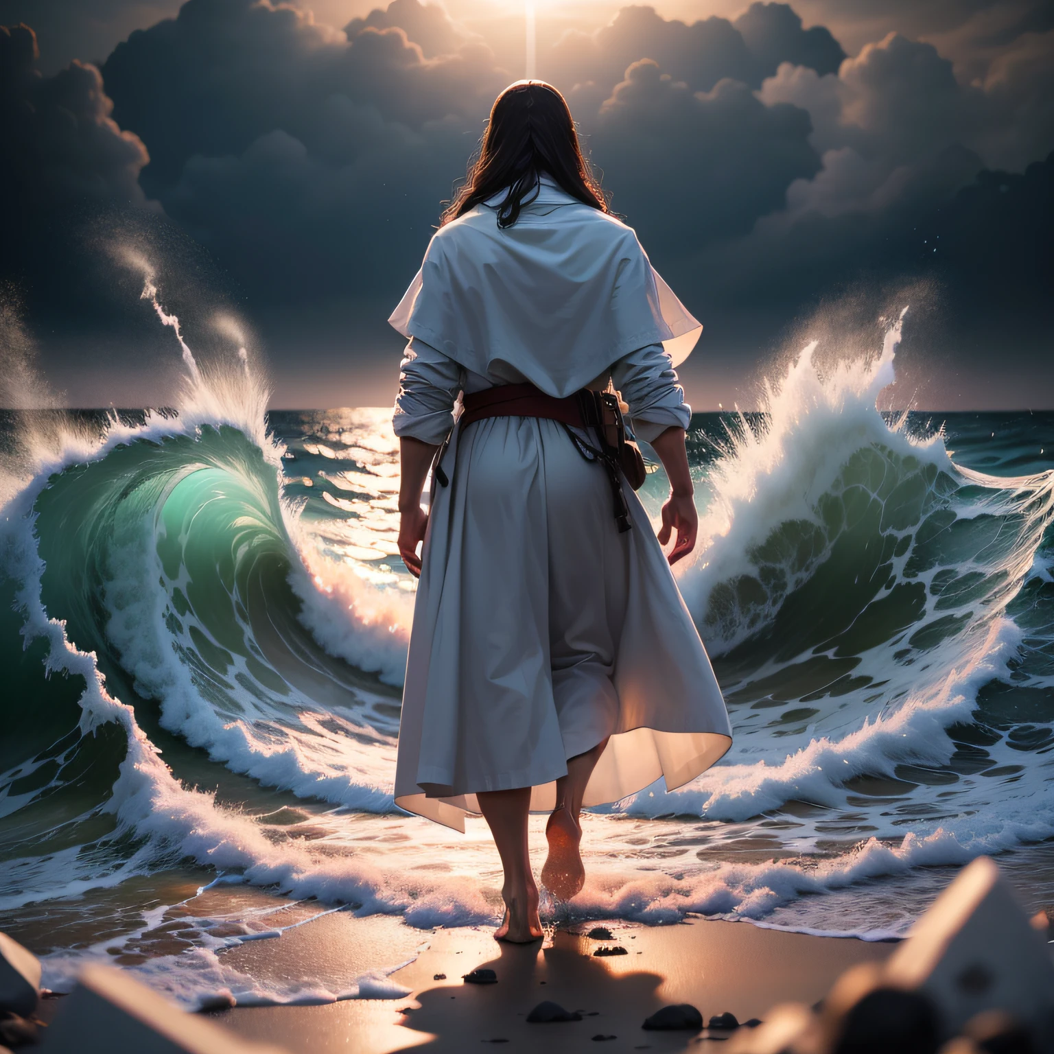 Foto ultra realista,cena cinematogafica,Jesus walking on water in the midst of a storm, fazendo o mar abrir ao meio; obra-prima, melhor qualidade, alta qualidade, papel de parede 8k de unidade CG extremamente detalhado, fotografia premiada, Bokeh, Depth of Field, HDR, bloom, chromatic aberration, fotorrealista, extremamente detalhado, trending on ArtStation, trend at CGSociety, intrincado, alto detalhe, dramatic, arte no meio da jornada, volumeric lighting