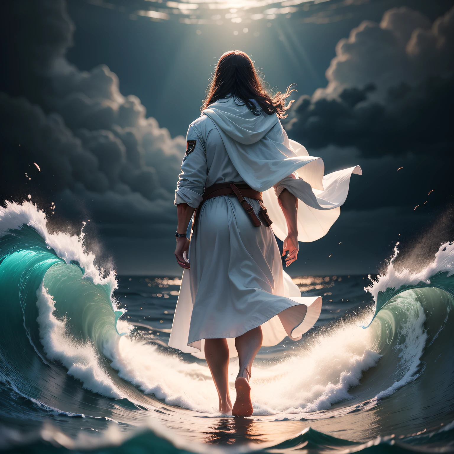 Foto ultra realista,cena cinematogafica,Jesus walking on water in the midst of a storm, fazendo o mar abrir ao meio; obra-prima, melhor qualidade, alta qualidade, papel de parede 8k de unidade CG extremamente detalhado, fotografia premiada, Bokeh, Depth of Field, HDR, bloom, chromatic aberration, fotorrealista, extremamente detalhado, trending on ArtStation, trend at CGSociety, intrincado, alto detalhe, dramatic, arte no meio da jornada, volumeric lighting