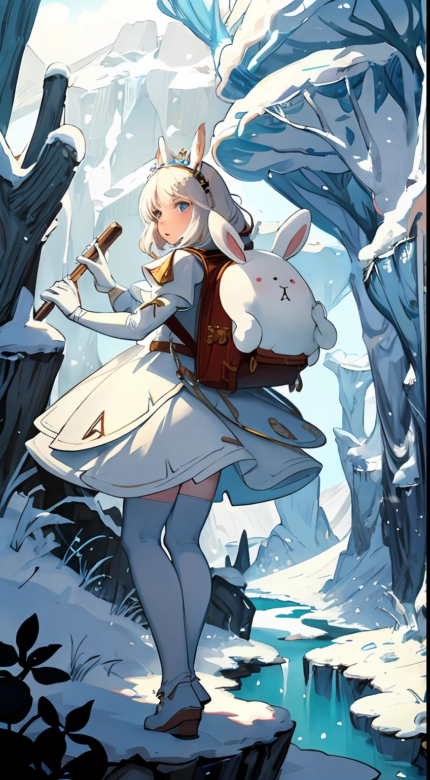 classicnegative portrait photo, fantasy video game character concept art, a cute white fluffy rabbit wearing a small brown leather backpack looking at a map hiking through a forest, dungeons and dragons, fantasy, river, haze, halation, bloom, dramatic atmosphere, 1970s dark fantasy movie, centred, rule of thirds