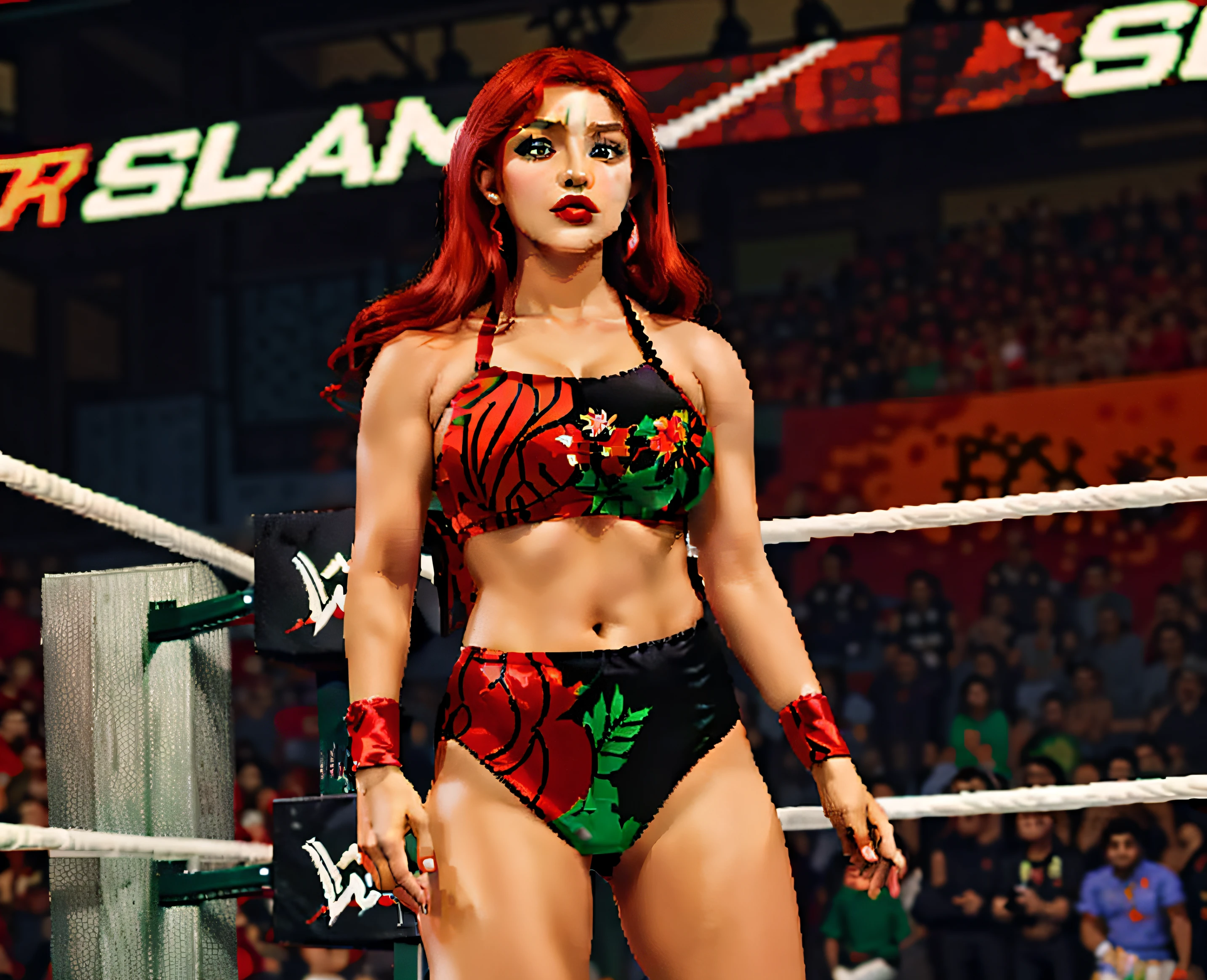 ((masterpiece, best quality)), Curvy Red-haired Hispanic female wrestler, in black red and green floral patterned bra that says "NORA", black red and green floral patterned high cut trunks, red wristbands, wearing makeup and lipstick, in a wrestling ring, during a match, realistic art style, intricate details, pixel art, pixel