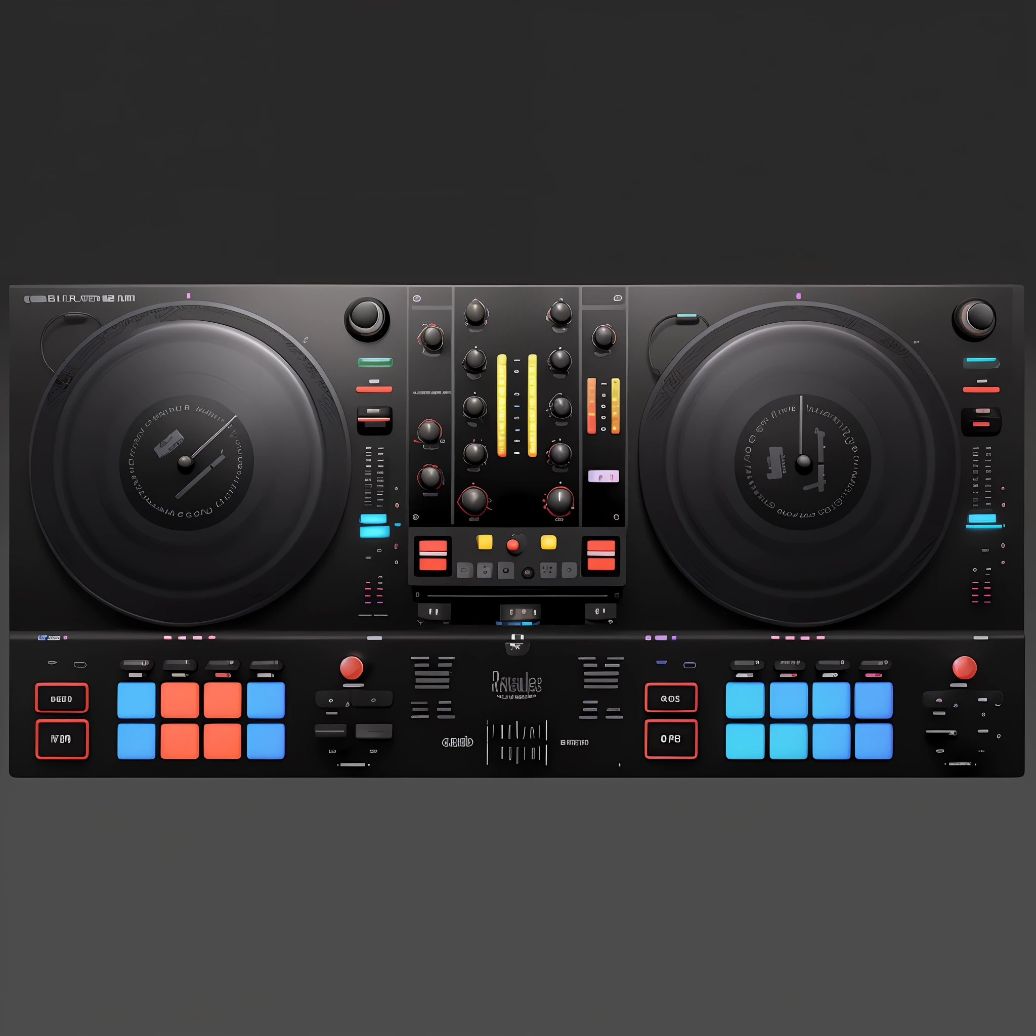 Um close up de um controlador de DJ com dois toca-discos, Mixer DJ, DJ, DJING com toca-discos DJ, turntables, Conjunto de DJ, turntablist, Turntablism DJ arranhando, audio equipments, Deck do controlador, Festa DJ Rave, tocando techno house music, Arte Digital - W 700, 🎨🖌️