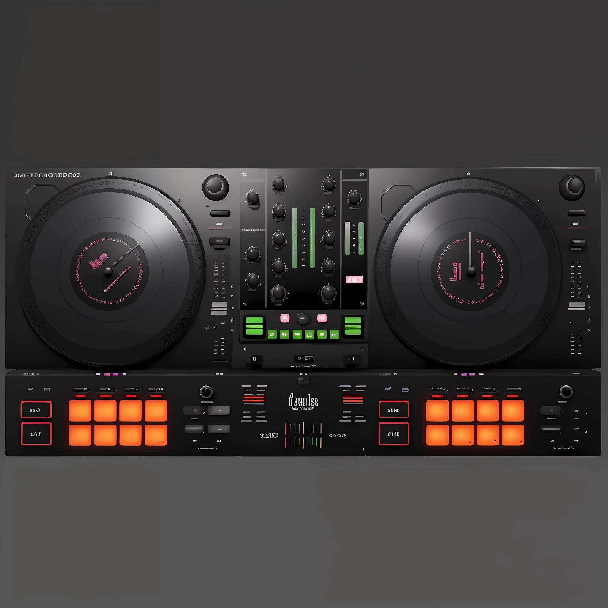 Um close up de um controlador de DJ com dois toca-discos, Mixer DJ, DJ, DJING com toca-discos DJ, turntables, Conjunto de DJ, turntablist, Turntablism DJ arranhando, audio equipments, Deck do controlador, Festa DJ Rave, tocando techno house music, Arte Digital - W 700, 🎨🖌️