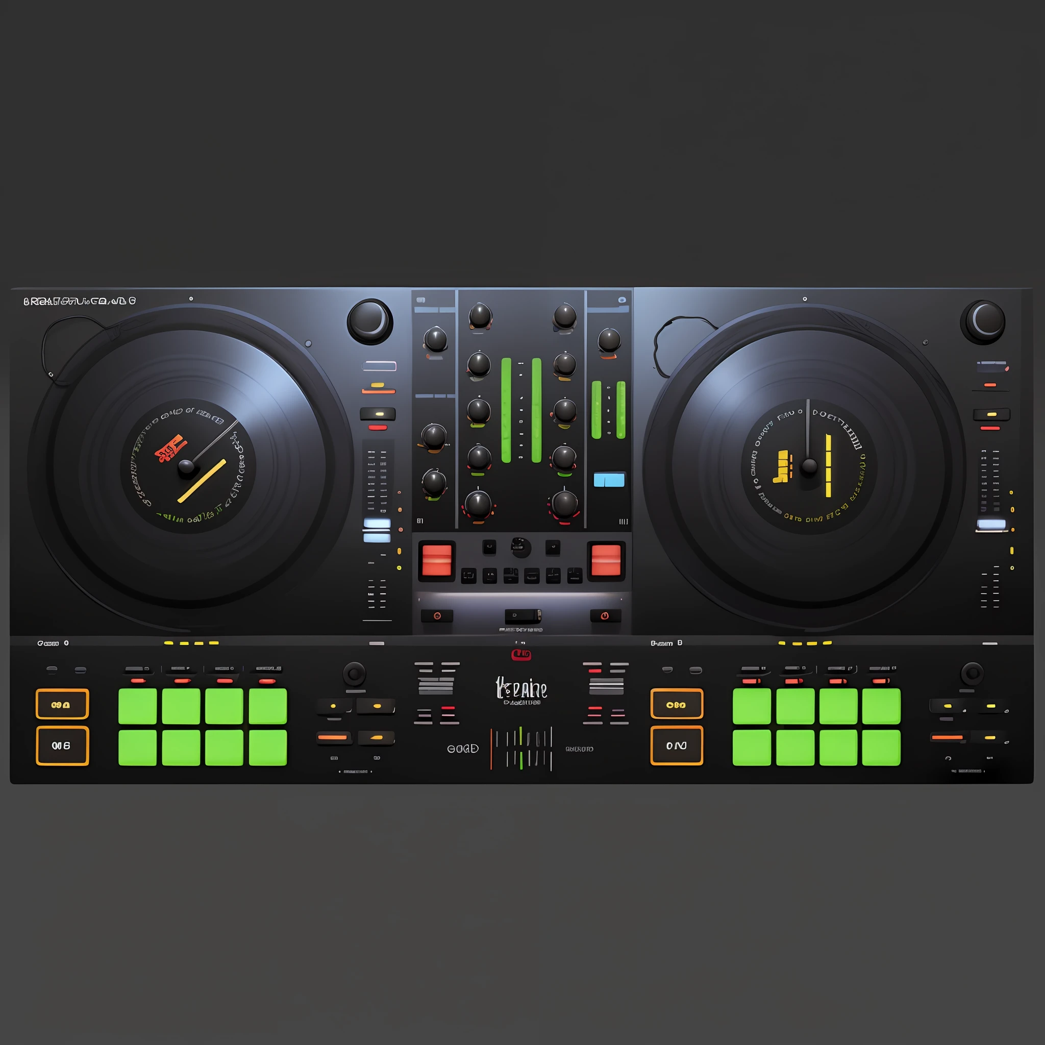 Um close up de um controlador de DJ com dois toca-discos, Mixer DJ, DJ, DJING com toca-discos DJ, turntables, Conjunto de DJ, turntablist, Turntablism DJ arranhando, audio equipments, Deck do controlador, Festa DJ Rave, tocando techno house music, Arte Digital - W 700, 🎨🖌️