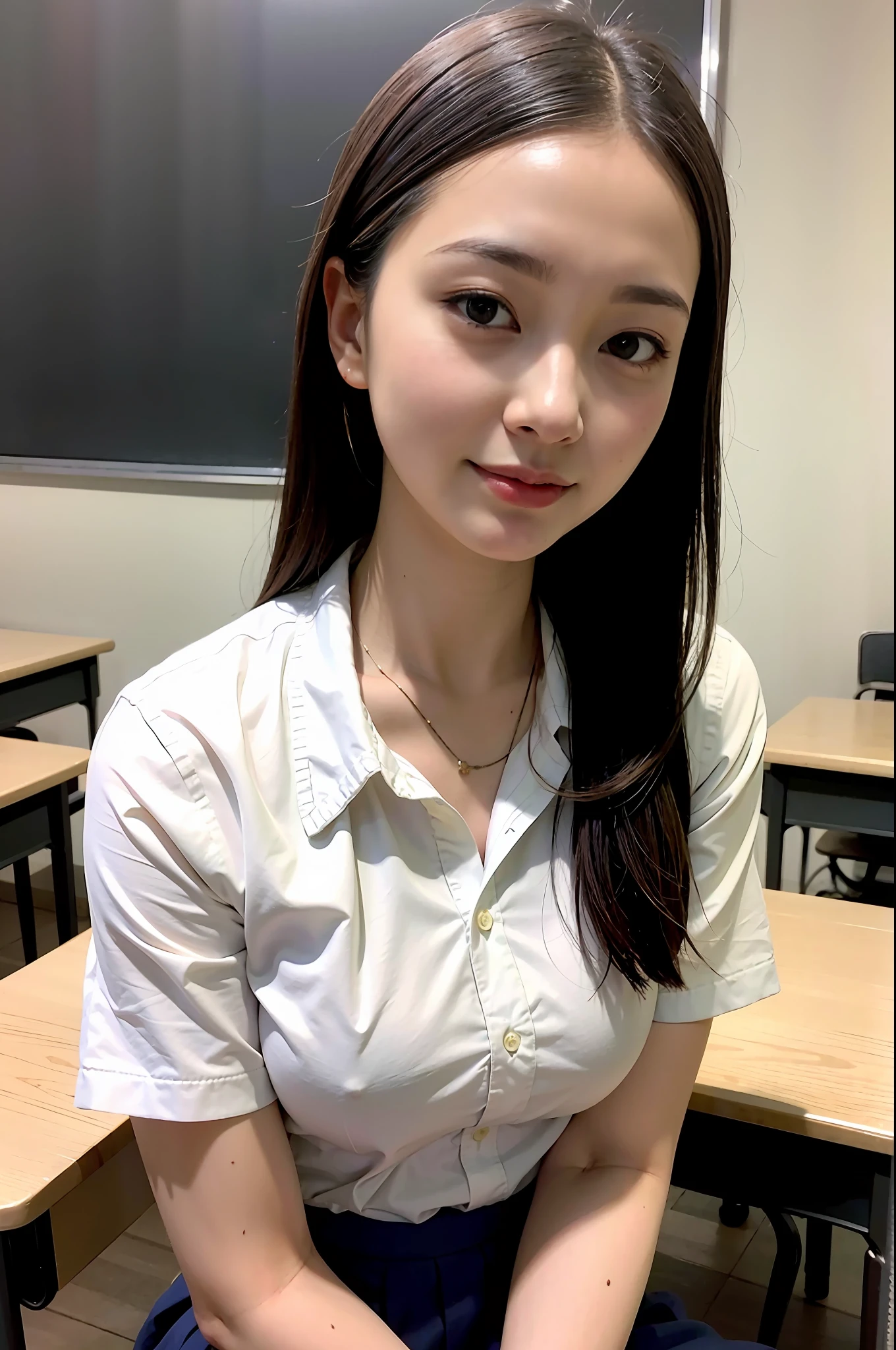 Raw photo, 8K, Highest Quality, 超A high resolution, beautiful faces detailed, Real Human Skin, , Front view, Angle from below, Realistic, Realistic, Beautiful, Short skirt, Classroom, Beautiful Female Student, Japanese Schoolgirl Uniform, wearing japanese school uniform, Surreal High School Girl, Full body, Twin-tailed:1.3、(white shirt,Blake Black Bra)、sit on desk