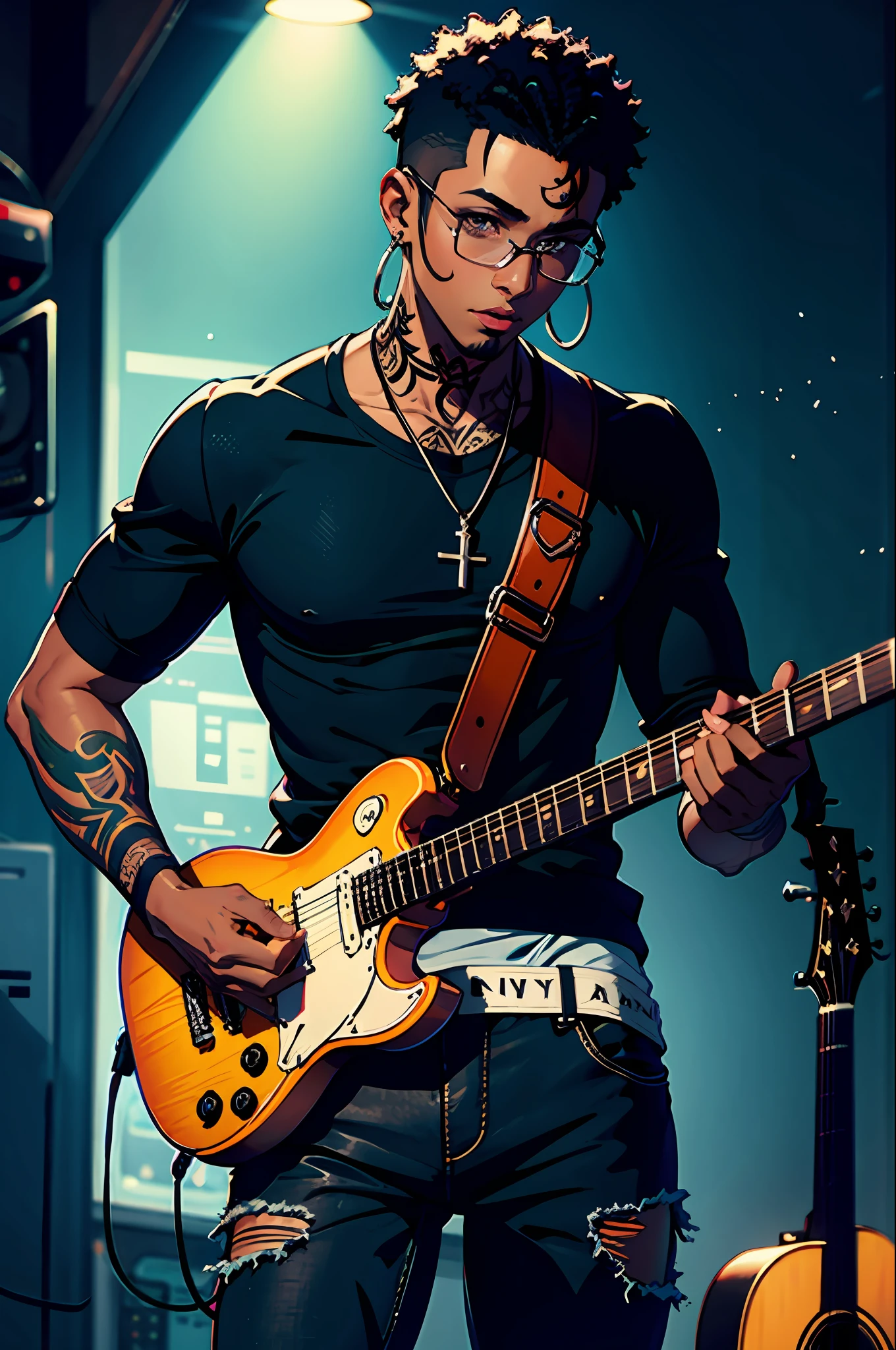 black man , black skin , shirtless , tattooed , black pants with rips , rocker, night , brightness , fantasy , attractive black man , guitar, square