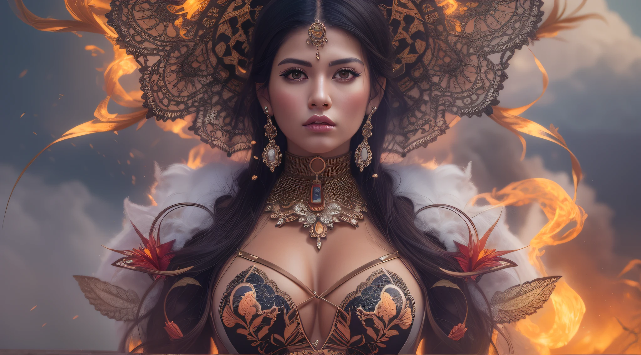 create Mariana Davalos in Photography sony a700, Editorial, full body of the finest photgraphy in the world, a beautiful woman in intricate costume burning around the clouds, ArtStation, CGSociety, intricate, high detail, clear focus, dramatic and realistic trends in painterly art Greg Rutkovsky, --ar 16:9 --v 5.2