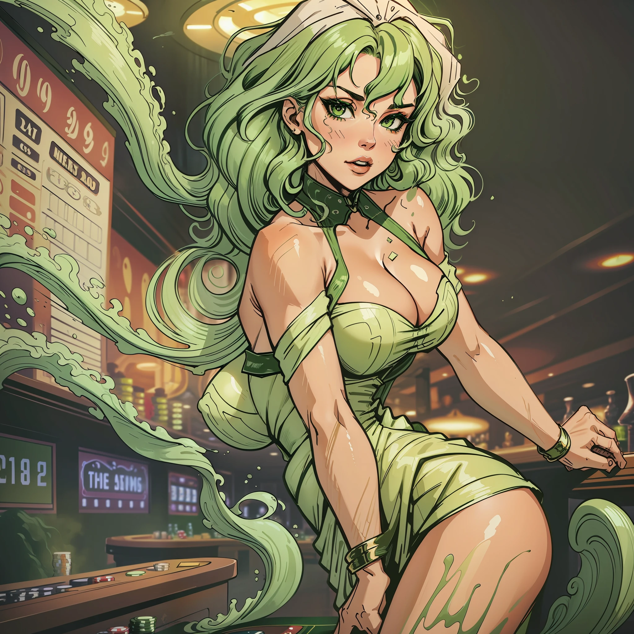 (wavy green hair woman:1.4), waitress costume, huge breasts, shoving cleavage, in a casino