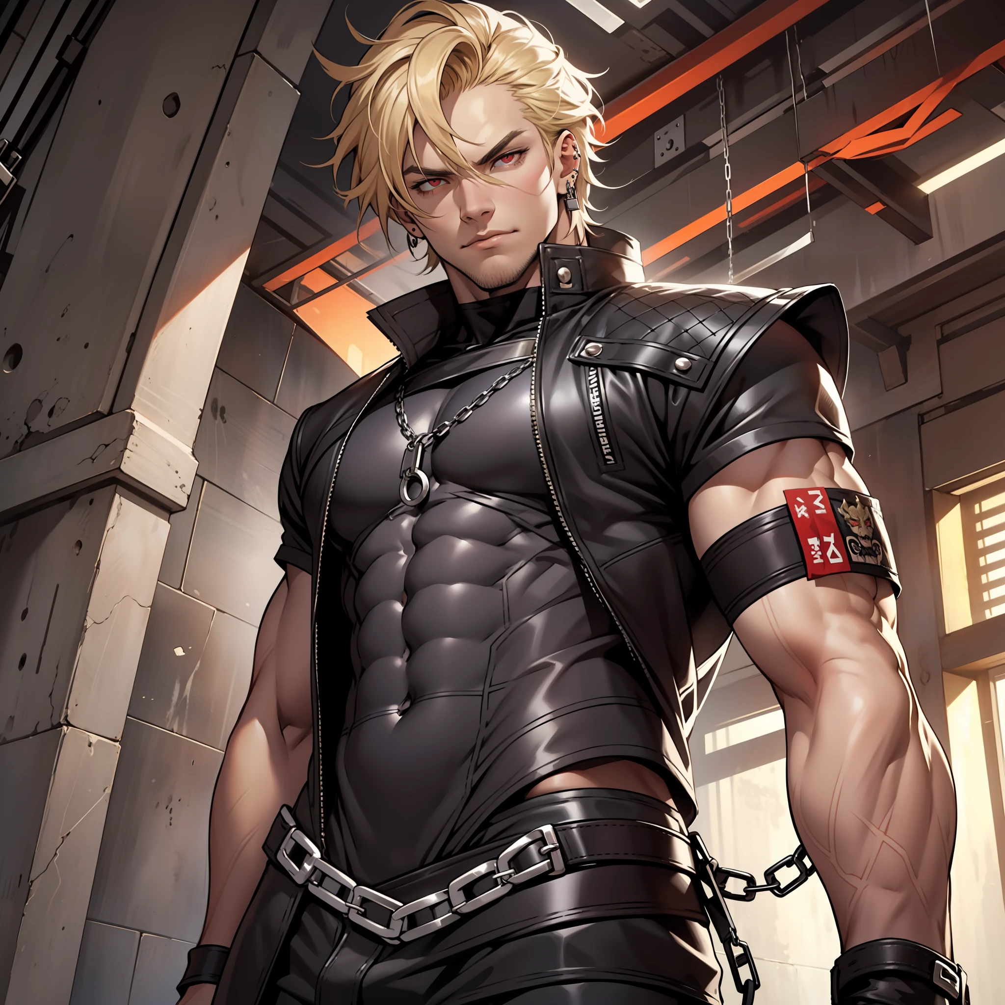 Ares is a tall and muscular man with short, sandy blond hair and piercing red eyes. He wears leather and chains and carries himself with an air of confidence and charisma that is hard to miss. His demeanor is cocky and arrogant, and he is not afraid to show off his physique or flaunt his power. He is the epitome of the "bad boy" archetype, and he isn't afraid to use his looks and charm to get what he wants.