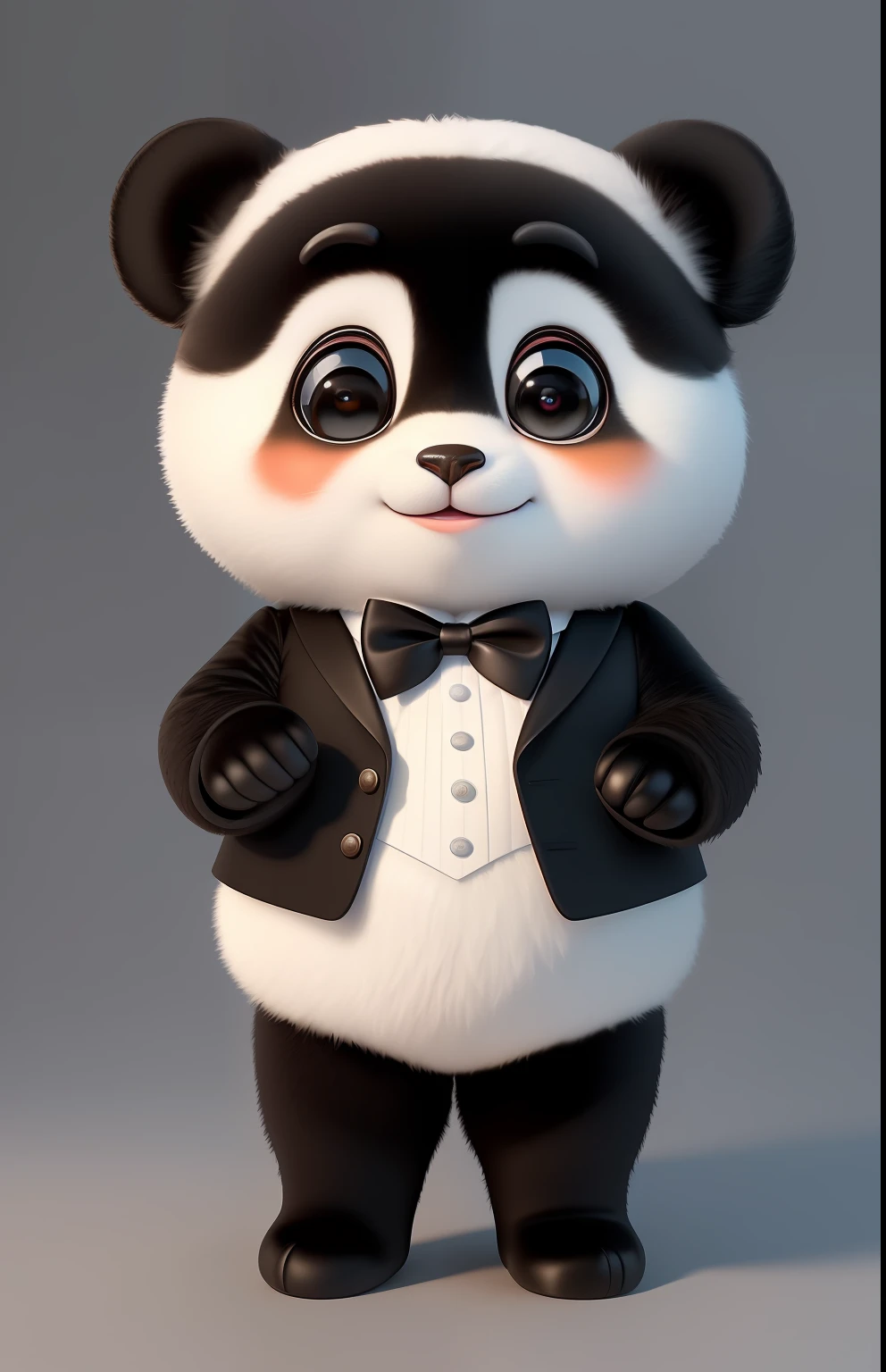 (masterpiece), (best quality), (ultra-detailed), (full body:1.2), Super cute, Baby, Pixar, Baby panda in tuxedo, Big bright eyes, Fluffy, Smile, Delicate and fine, Fairy tales, Incredibly high detailed, Pixar style, Bright color palette, Natural light, Simple background with pure color, Octane render, Trending on Artstation, Gorgeous, Ultra wide angle, 8k, HD, Realistic