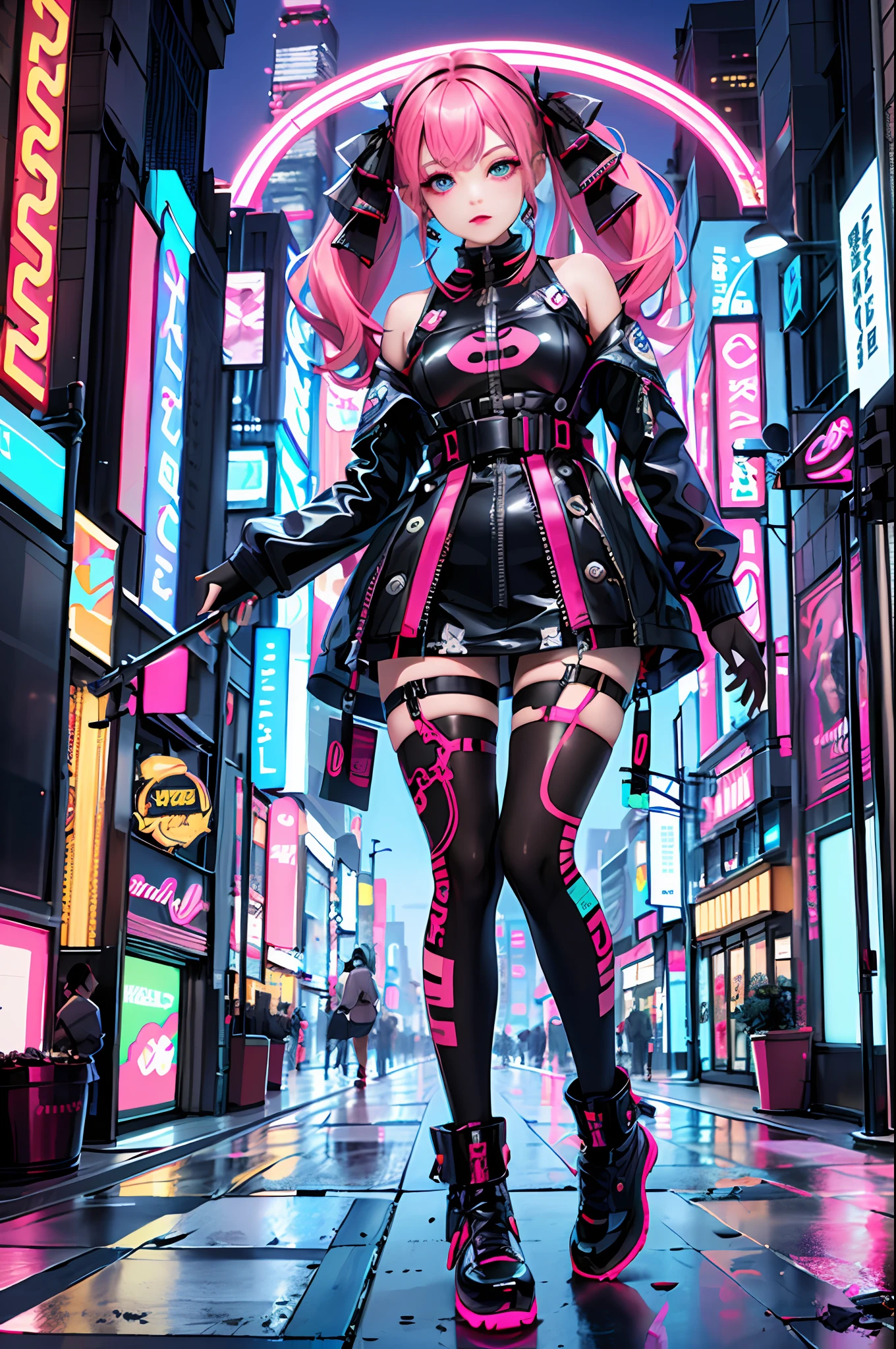 masterpiece, best quality, full body, 1girl, looking at viewer, Confident girl with slightly sassy expression, Harajuku-inspired pop outfit, bold colors and patterns, eye-catching accessories, trendy and innovative hairstyle, vibrant makeup, futuristic and dazzling cyberpunk cityscape, skyscrapers, neon signs, LED lights, bright and vivid color scheme, anime, illustration, detailed skin texture, detailed cloth texture, beautiful detailed face, intricate details, ultra detailed