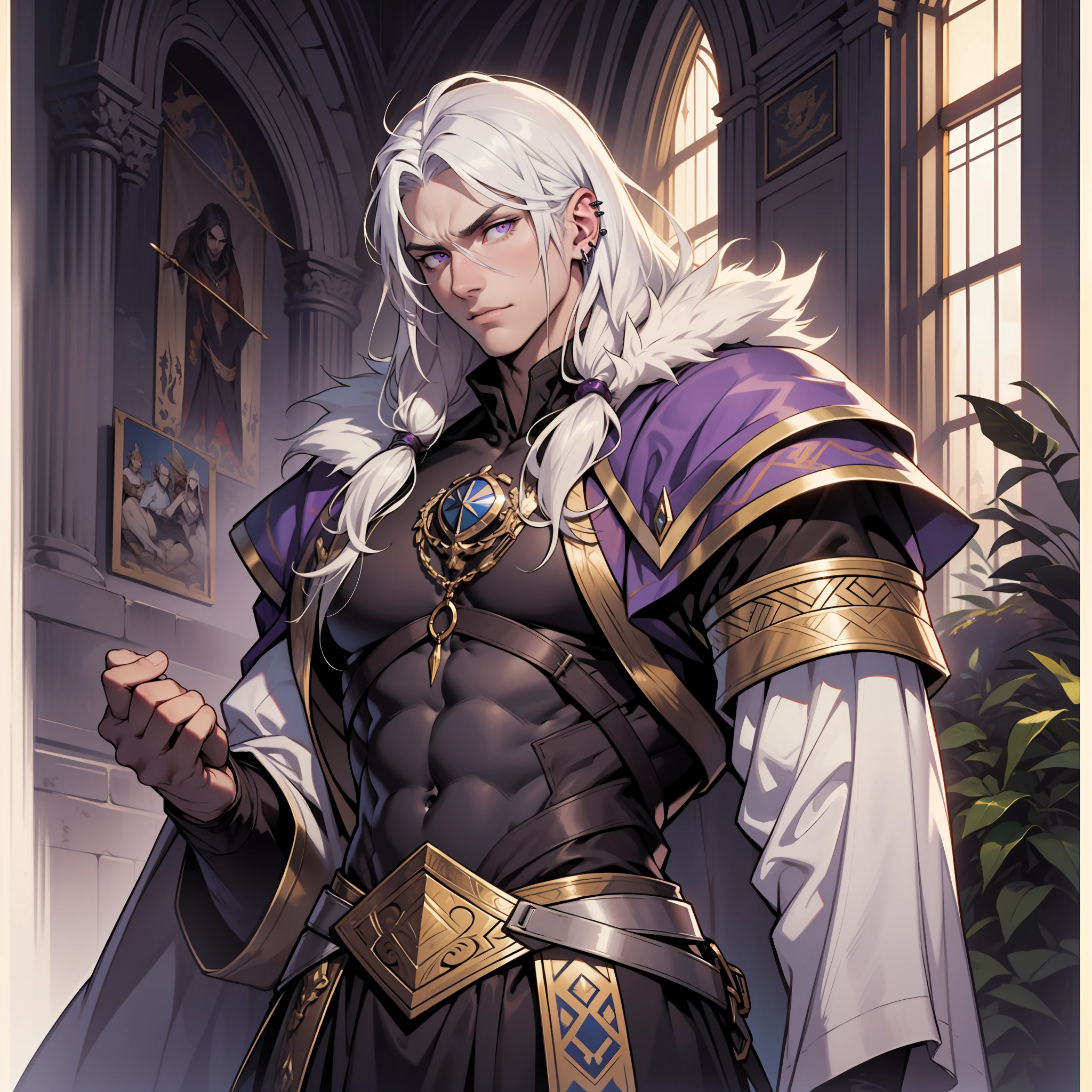 Melkor is much taller than the average human. He is around the same height as myself - and we are both fairly tall. He has shoulder length white hair, just like mine, and piercing purple eyes with sharp silver pupils. He is strong and looks every bit the warrior prince he is. His demeanor is proud and regal, he carries himself with a sense of superiority that cannot be rivaled.