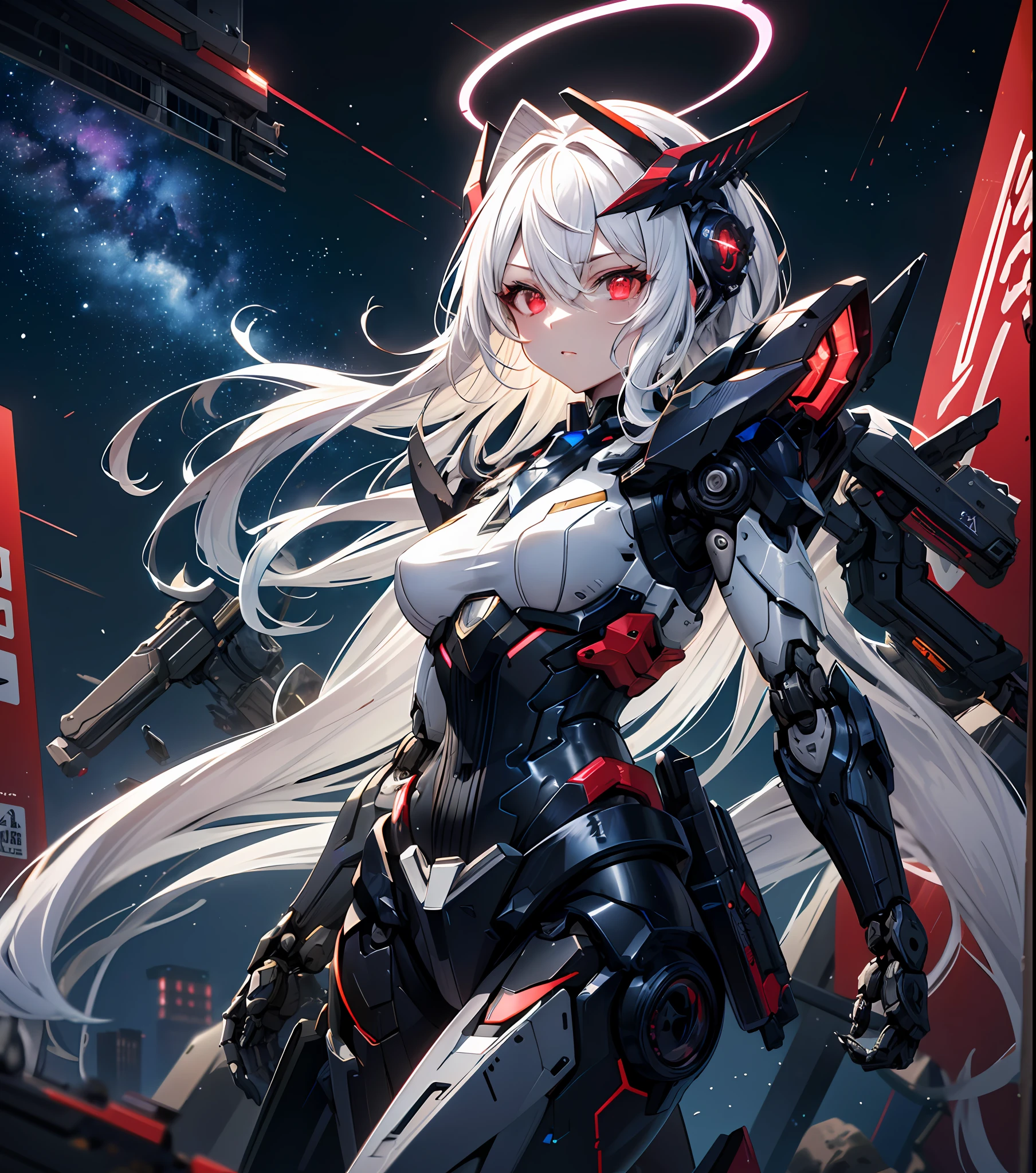 masterpiece,best quality,ultra-detailed,very detailed illustrations,extremely detailed,intricate details,highres,super complex details,extremely detailed 8k cg wallpaper,cowboy shot, caustics,reflection,ray tracing,demontheme,nebula,dark aura,cyber effect, (1girl:1.4),solo,alone,mecha musume,mechanical parts, robot joints,single mechanical arm, headgear, mechanical halo,star halo,intricate mechanical bodysuit, mecha corset, full armor, very long hair,white hair, hair between eyes, multicolored hair, colored inner hair, red eyes,glowing eye,eye trail, random expressions,random action, ancient japanese architecture,pond, starry sky,skyline,