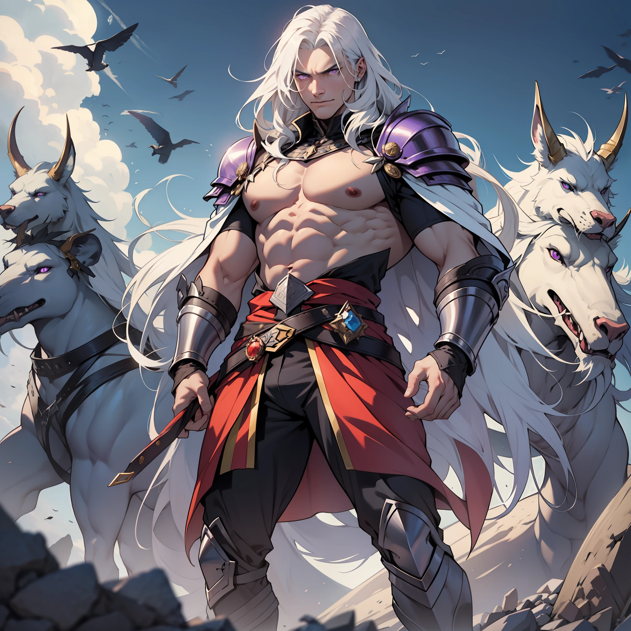 Melkor is much taller than the average human. He is around the same height as myself - and we are both fairly tall. He has shoulder length white hair, just like mine, and piercing purple eyes with sharp silver pupils. He is strong and looks every bit the warrior prince he is. His demeanor is proud and regal, he carries himself with a sense of superiority that cannot be rivaled.