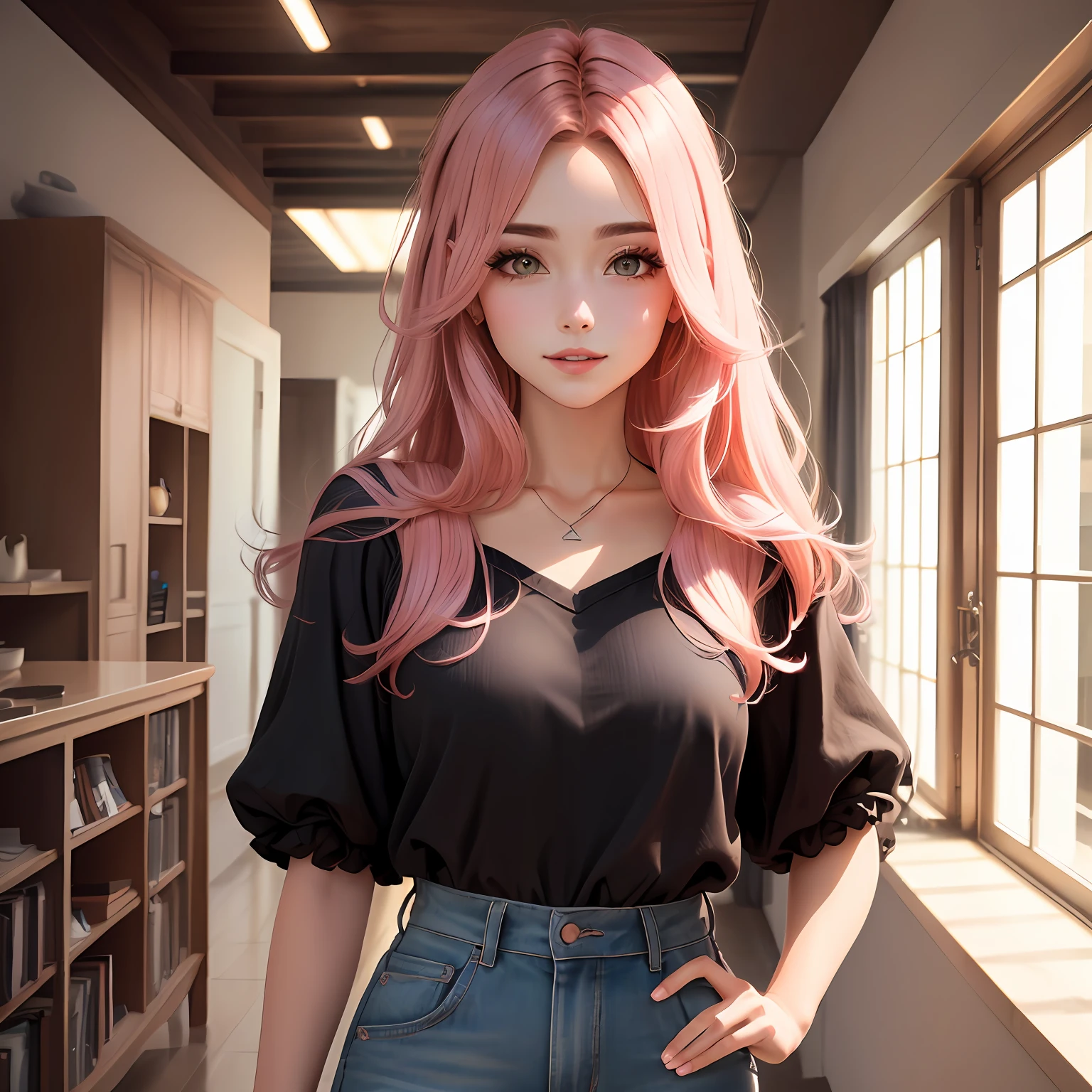 Fada cabelo rosa e longos com roupas curtas