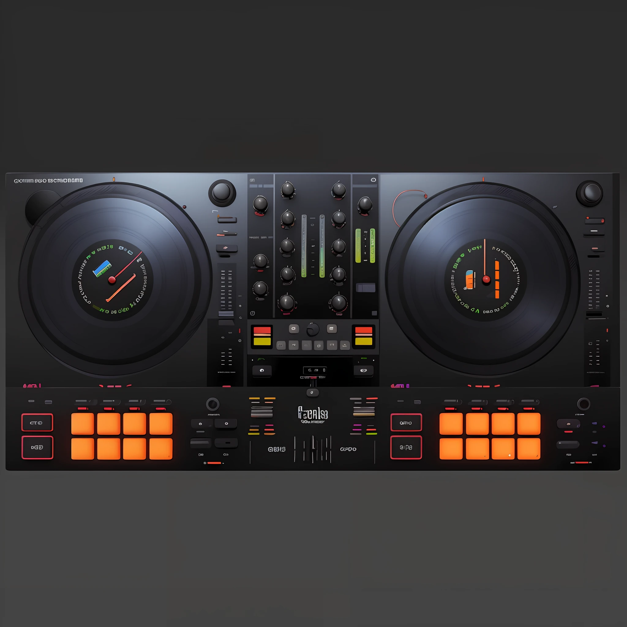 Um close up de um controlador de DJ com dois toca-discos, Mixer DJ, DJ, DJING com toca-discos DJ, turntables, Conjunto de DJ, turntablist, Turntablism DJ arranhando, audio equipments, Deck do controlador, Festa DJ Rave, tocando techno house music, Arte Digital - W 700, 🎨🖌️