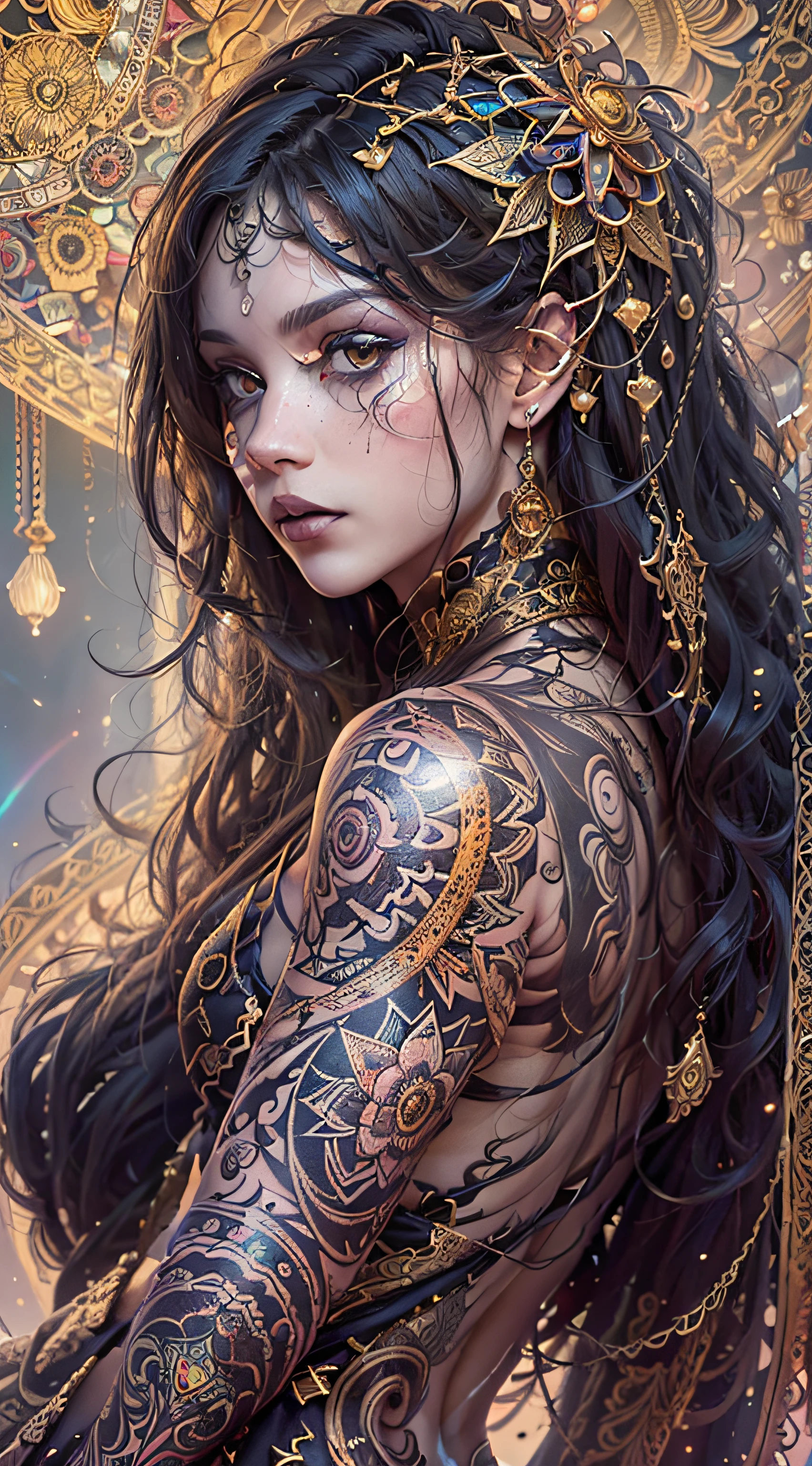 (masterpiece, top quality, best quality, official art, beautiful and aesthetic:1.2), (1girl), perfect body, eyes that radiate brightness, long black hair with small golden highlights, ((hyperdetailed dress)),((aesthetic style clothing with gothic style details)), dressed in black, golden, and red colors, ((shadow and light effects on his body that give an ethereal aspect to the composition)),aesthetic style tattoos exclusively on the arms, extreme detailed, colorful, highest detailed, official art, unity 8k, wallpaper, ultra detailed, beautiful and aesthetic, (in background a zentangle, mandala, tangle, entangle) ,holy light, gold foil, gold leaf art, glitter drawing,