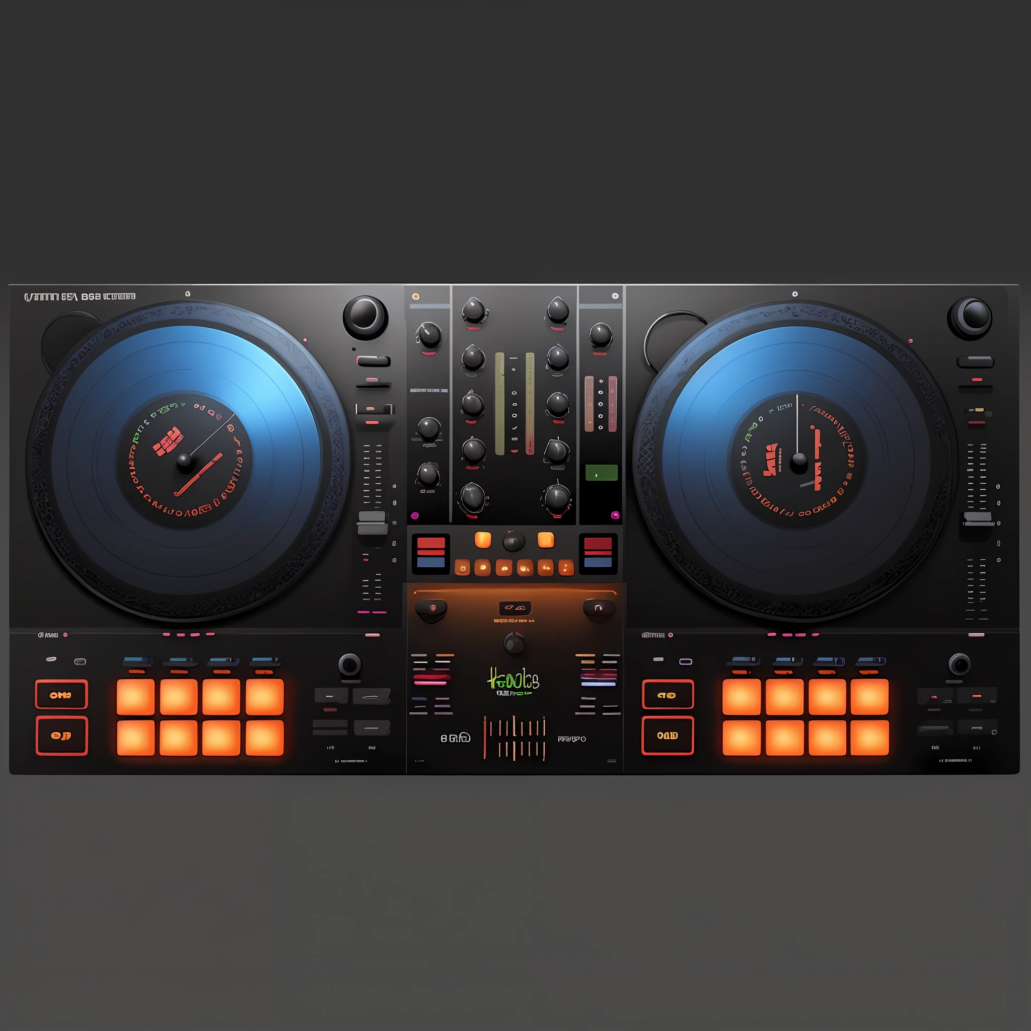 Um close up de um controlador de DJ com dois toca-discos, Mixer DJ, DJ, DJING com toca-discos DJ, turntables, Conjunto de DJ, turntablist, Turntablism DJ arranhando, audio equipments, Deck do controlador, Festa DJ Rave, tocando techno house music, Arte Digital - W 700, 🎨🖌️