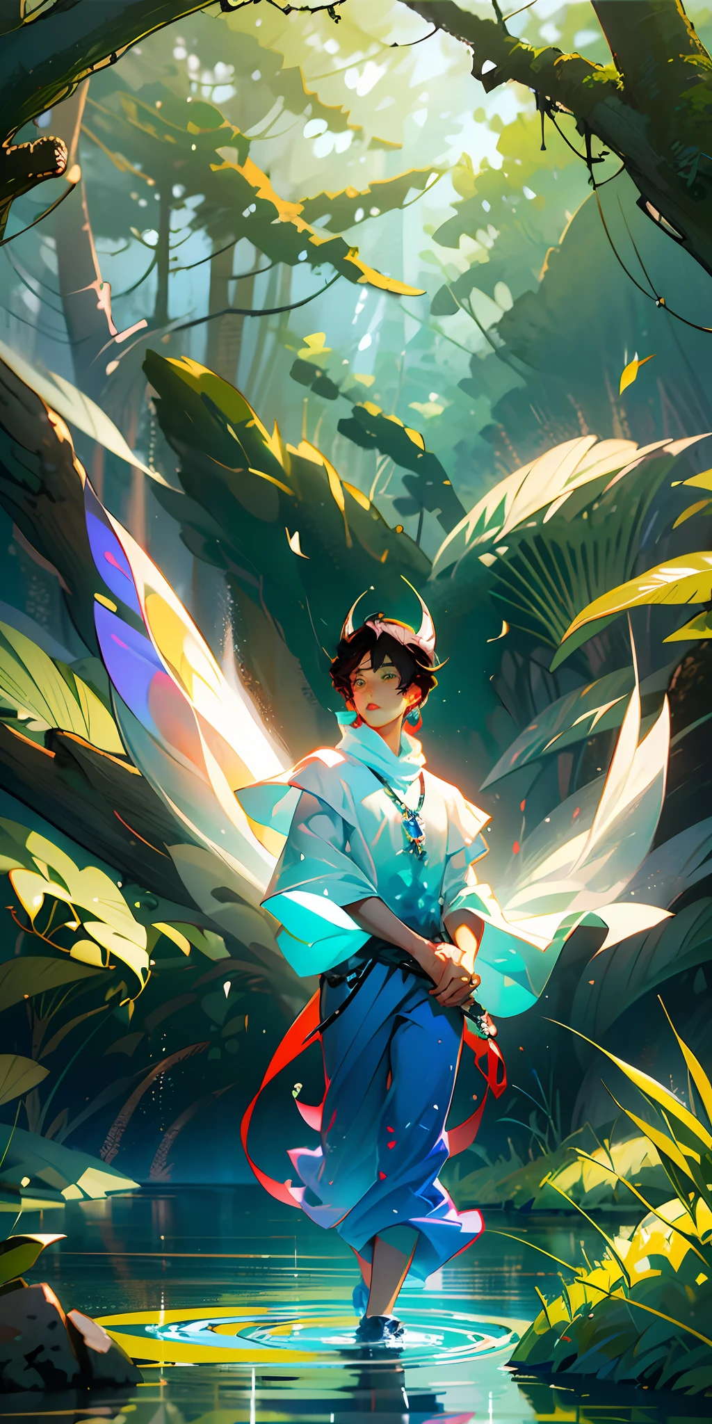 Anime, male character, boy, black hair, low fade gradient, white horn in middle of hair, green eyes, white skin, wearing dark red t-shirt, dark blue trousers, red trainers, anime pose, magical forest environment, fairies, magic, flowers, blue lake, 4k, best quality, well detailed, wallpaper. --auto --s2