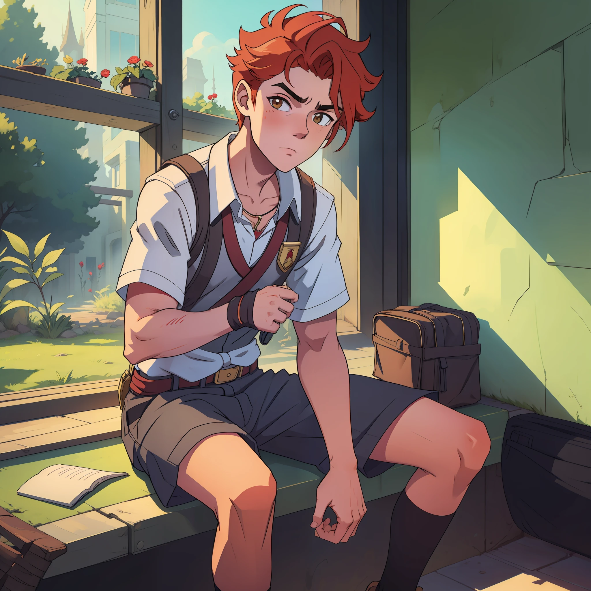 Young handsome teenager boy red hair at school