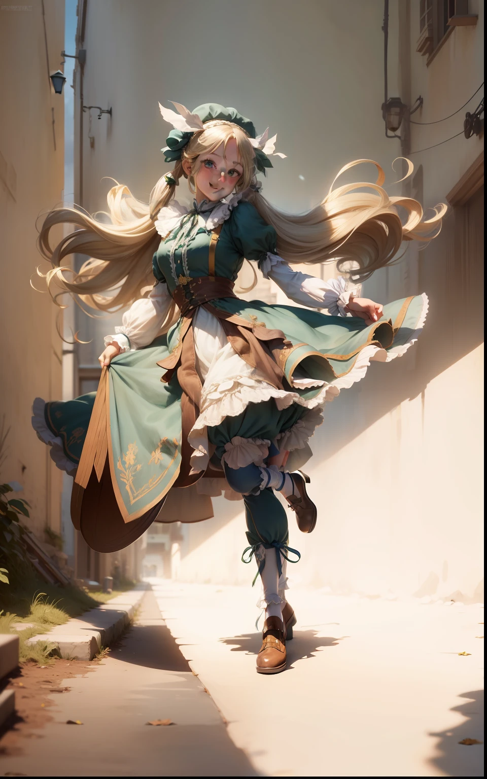 masterpiece, Europa Street, blue sky, thin blonde, long hair, long eyelashes, green eyes, green maid clothes, smile, ribbon in hair, gentle expression, headdress, twin tails, big