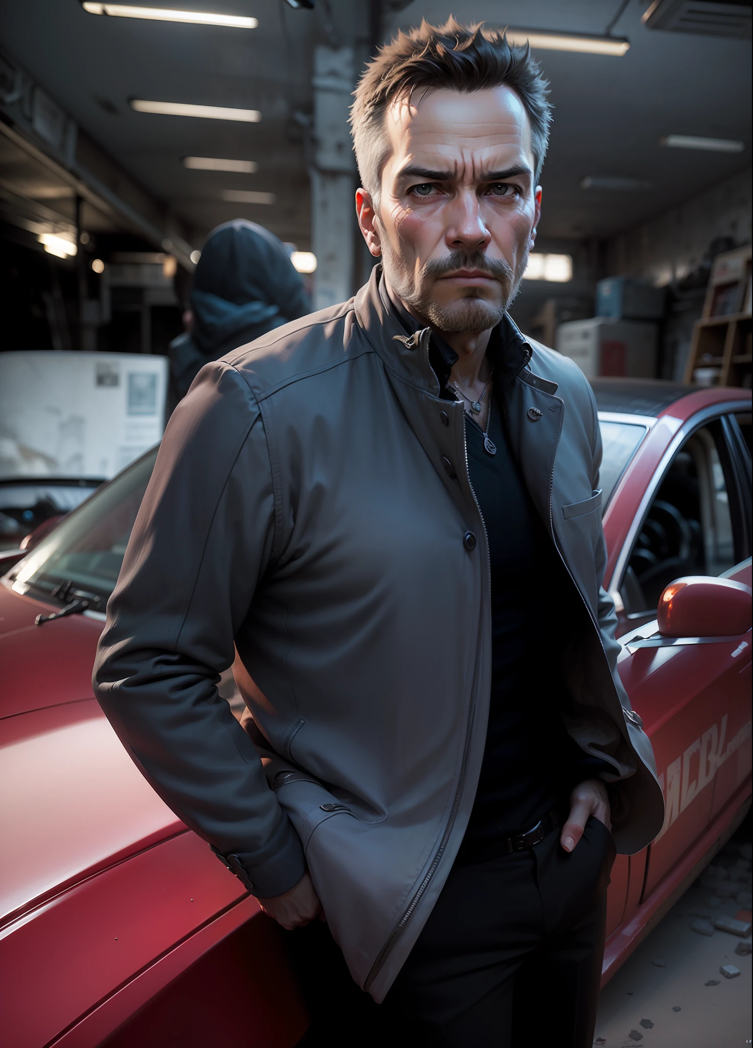 award winning photo of a mature man, sirsean,(realistic, photo-realistic:1.4),(sharp focus:1.4),
(detective:1.2), (fancy suit:1.1), smirk, (ultra detailed face and eyes:1.1), (album art:1.1), slum cyberpunk, frown, (slum old garage:1.1), (artpunk:1.0), unique pose, (trigun:1.1), (masterpiece:1.1), best quality, run-down, ultra high detail, (by antoine blanchard and casey baugh:1.1), (by zdzislaw beksinski:0.8), extremely intricate, extreme detail, raytracing, reflections, beautiful lighting, (harsh lighting:1.1), (High Saturation Clarity Contrast, deep levels, sharp, retouched, color graded:1.1), soft lighting, cinematic, (heavy contrast:1.2),dimly lit,,burning,breathing fire, explosion,fiery tail,